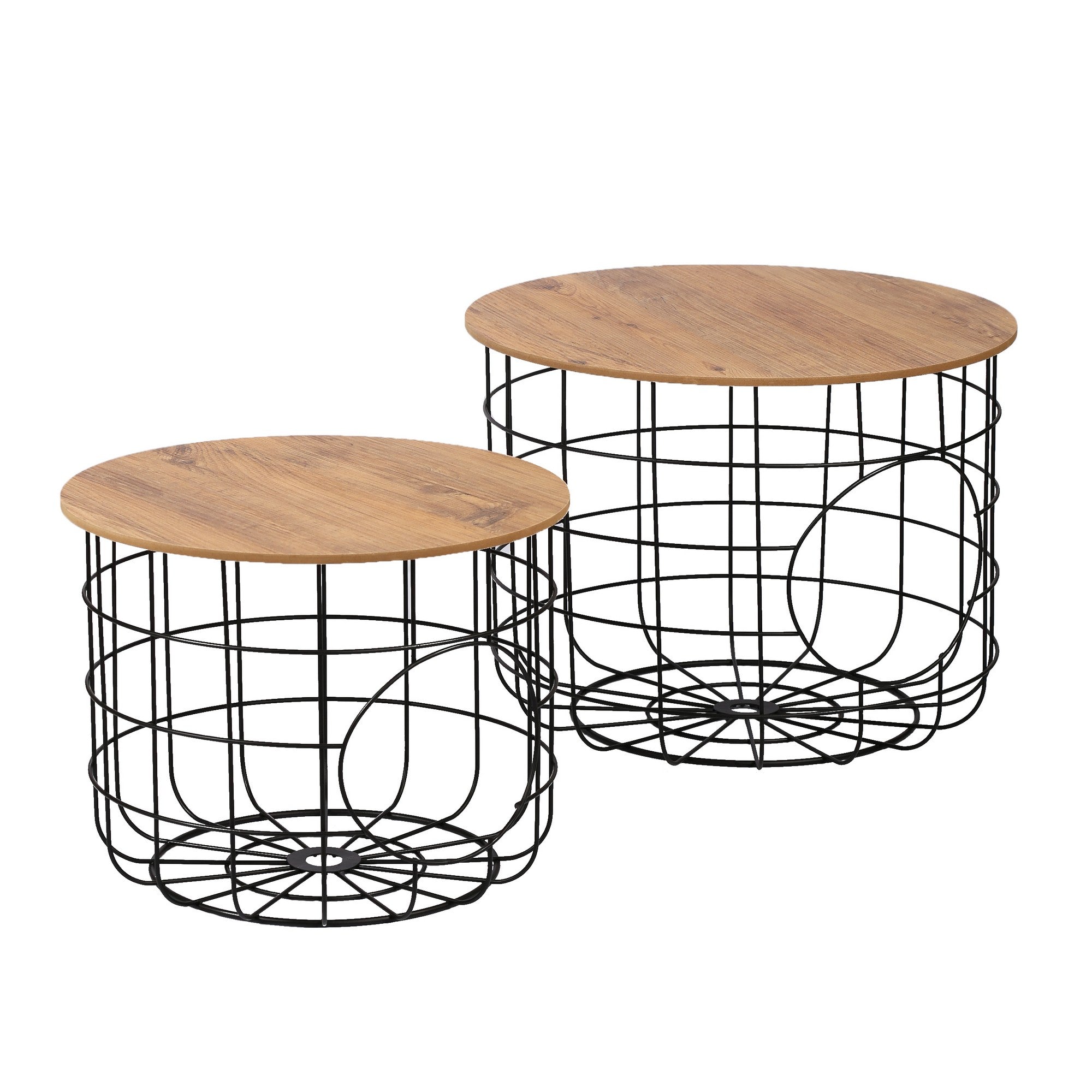 Lot de 2 tables basses, paniers avec couvercles amovibles Laca Métal Bois Naturel et Métal Noir