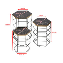 Lot de 3 tables basses gigognes moderne Aitie Métal et Bois Effet marbre Noir et Or