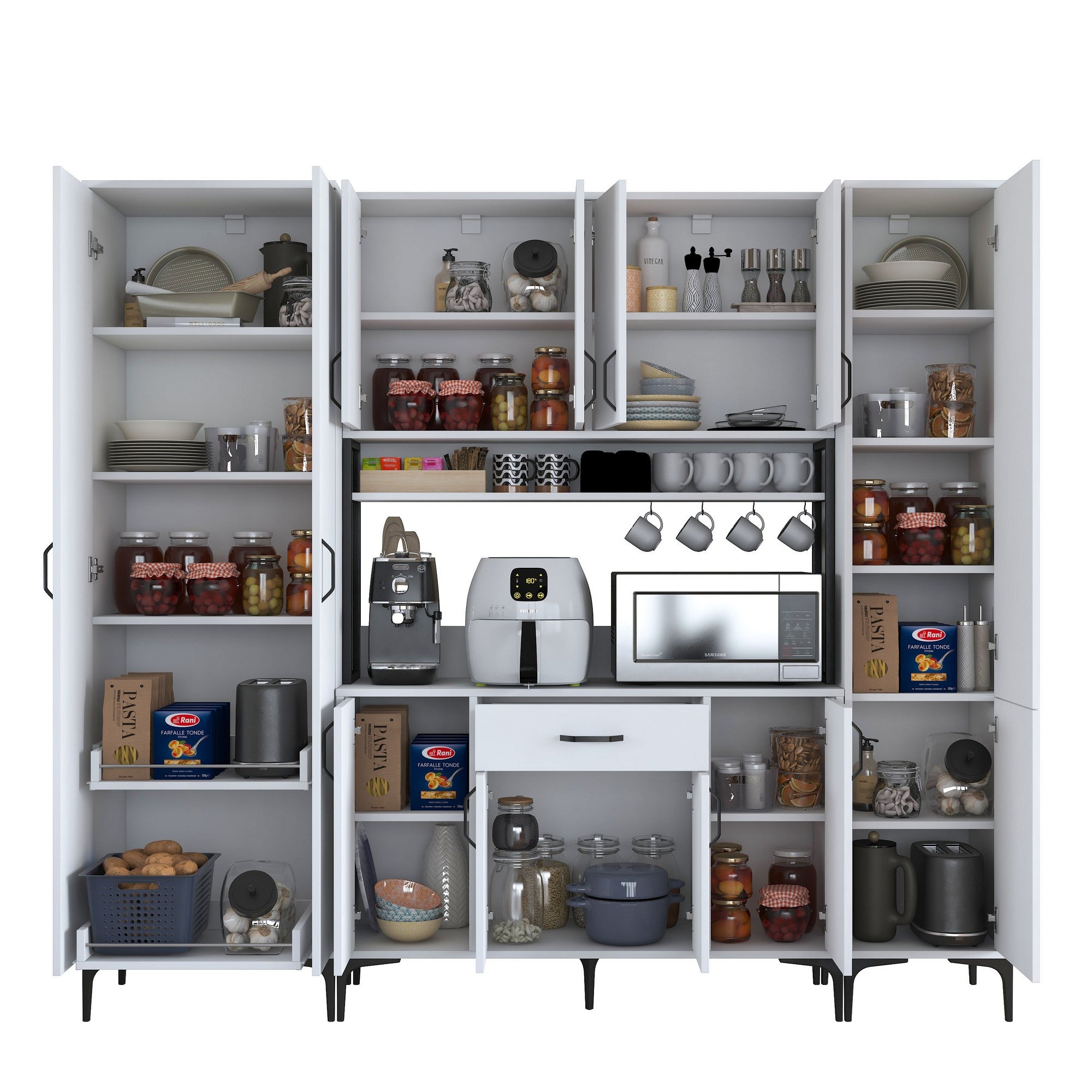 Buffet de cuisine 12 portes, étagère et tiroir Ariane L220cm Blanc