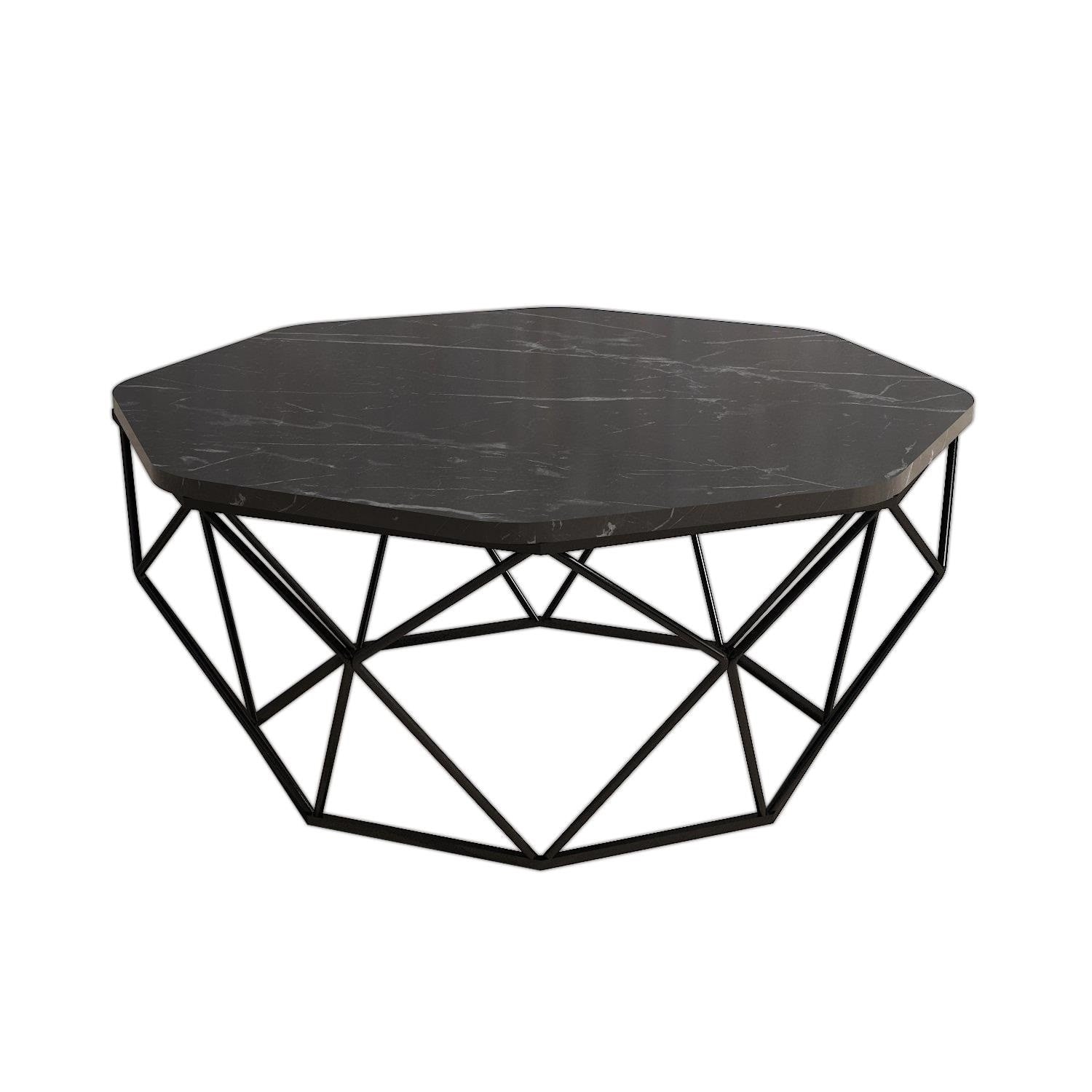 Table basse octogone Elliptica Métal Noir et Bois Noir effet marbre