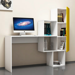 Bureau moderne à étagère bibliothèque intégrée Kilian L145cm Blanc et Jaune