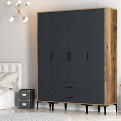 Armoire 4 portes et 2 tiroirs style industriel Akoy L160cm Bois foncé et Anthracite