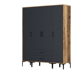 Armoire 4 portes et 2 tiroirs style industriel Akoy L160cm Bois foncé et Anthracite