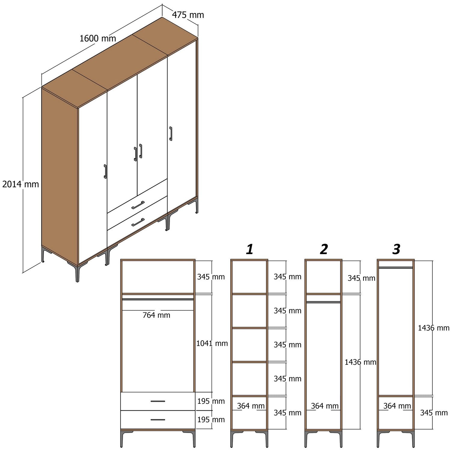 Armoire 4 portes et 2 tiroirs style industriel Akoy L160cm Bois foncé et Anthracite