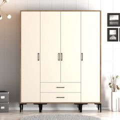 Armoire 4 portes et 2 tiroirs style industriel Akoy L160cm Bois foncé et Blanc crème