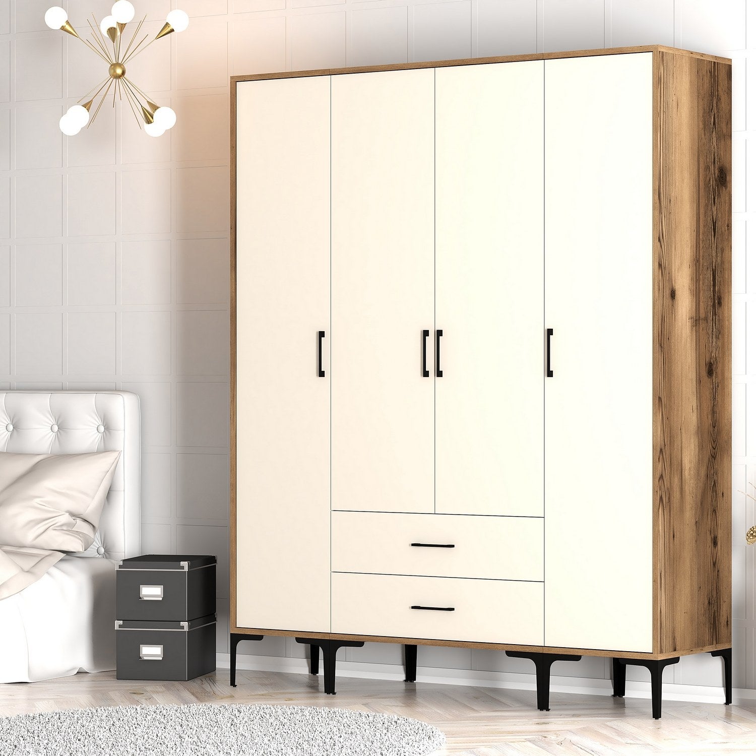 Armoire 4 portes et 2 tiroirs style industriel Akoy L160cm Bois foncé et Blanc crème