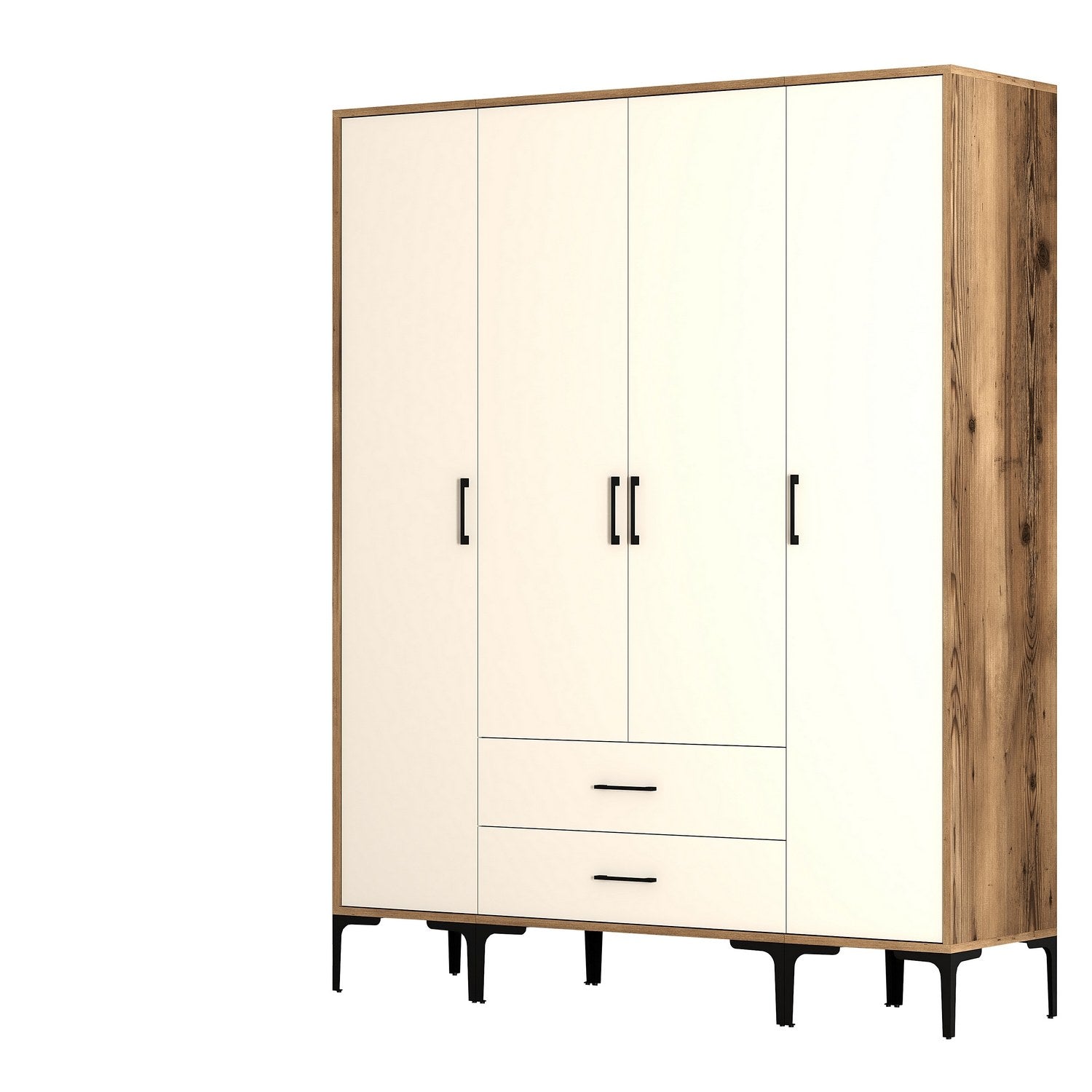 Armoire 4 portes et 2 tiroirs style industriel Akoy L160cm Bois foncé et Blanc crème