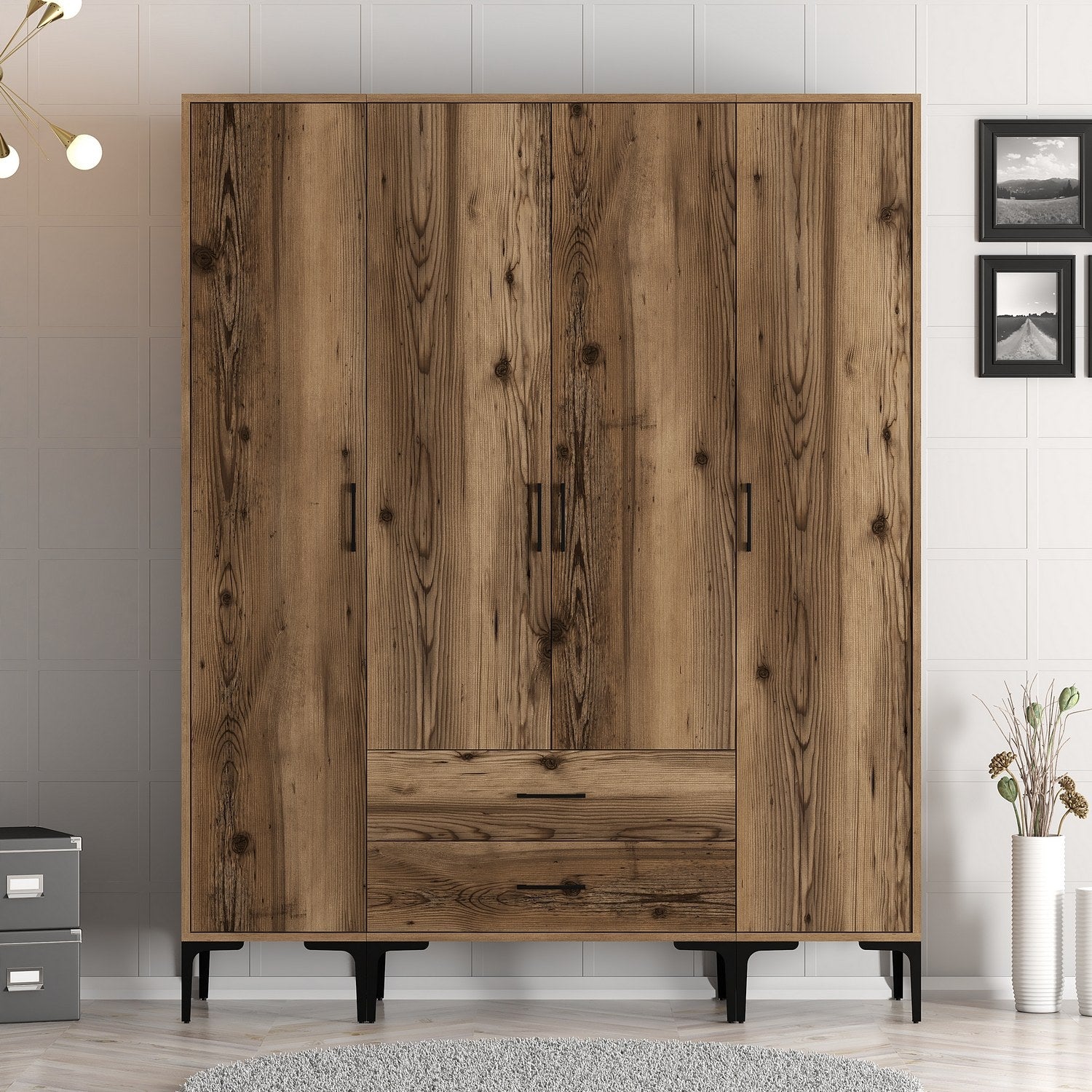 Armoire 4 portes et 2 tiroirs style industriel Akoy L160cm Bois foncé