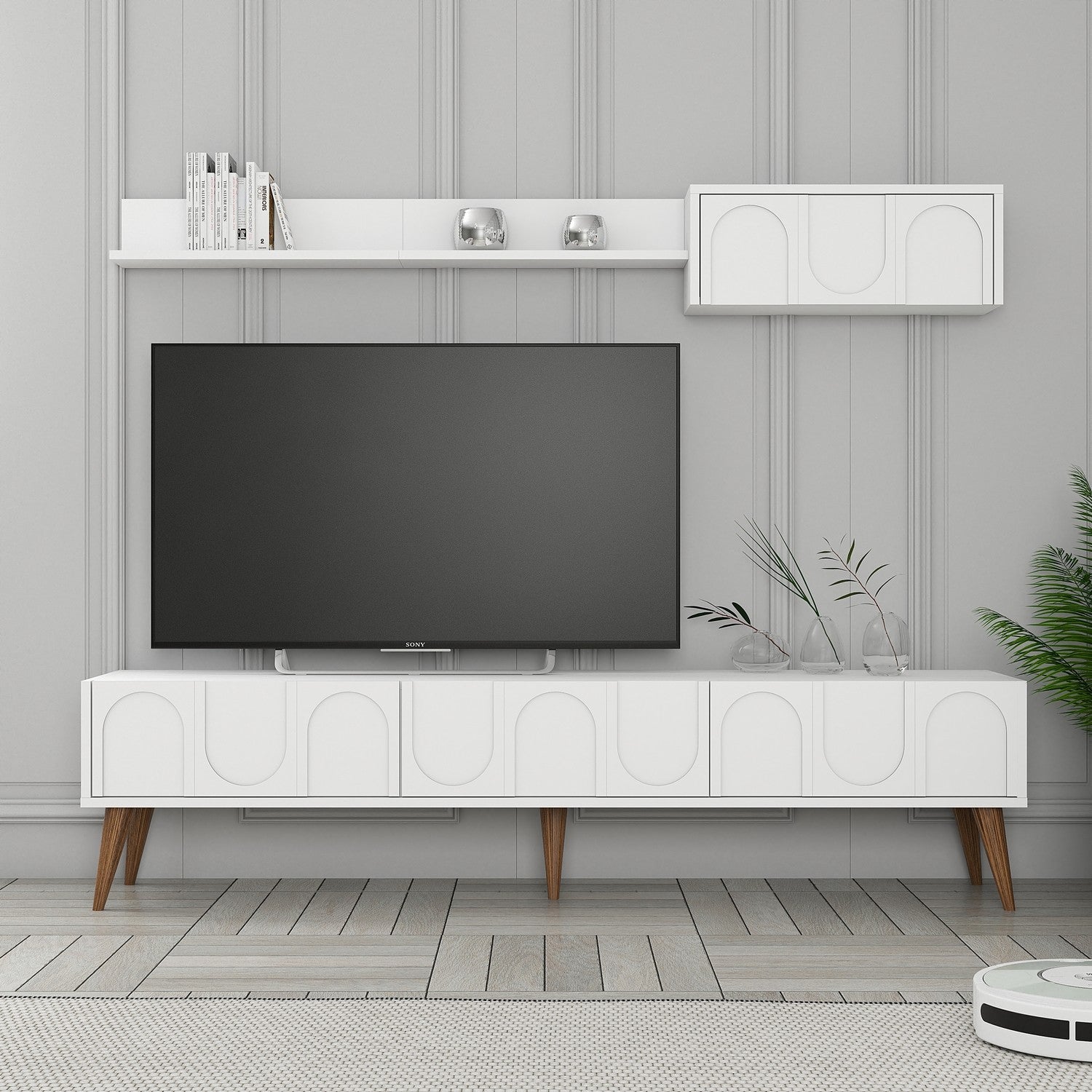 Ensemble meuble TV et étagère murale Lyana L180cm Blanc et Bois clair