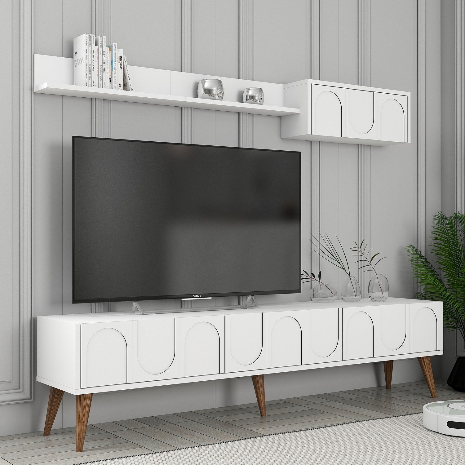 Ensemble meuble TV et étagère murale Lyana L180cm Blanc et Bois clair