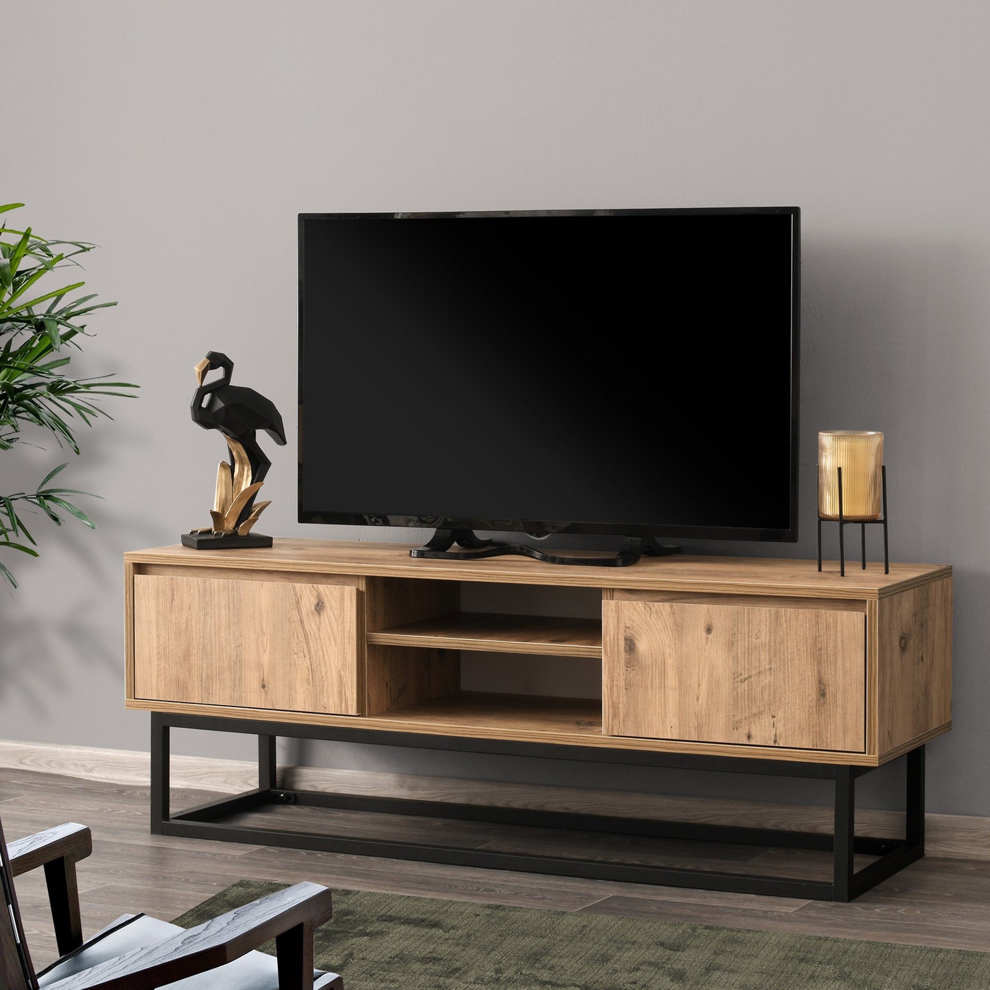 Meuble TV style industriel Solido L140cm Bois foncé et Métal Noir