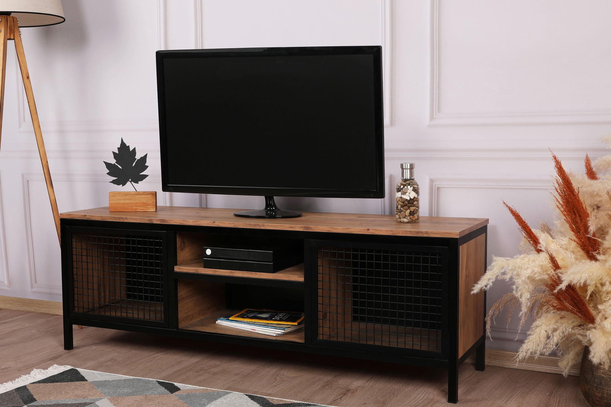 Meuble Tv 2 portes grilles Emiso L157cm Métal Noir et Bois Chêne foncé