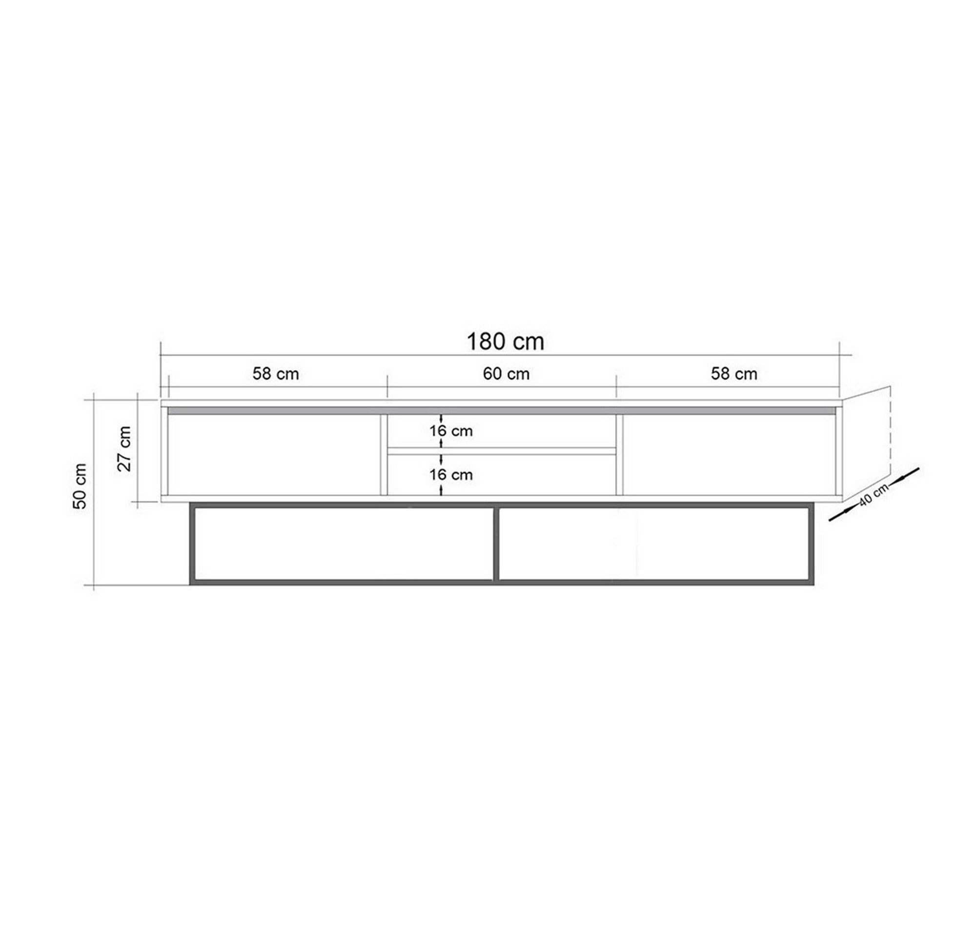 Meuble TV 2 tiroirs et 2 étagères Lodi 180cm Bois Effet Travertin et Métal Or