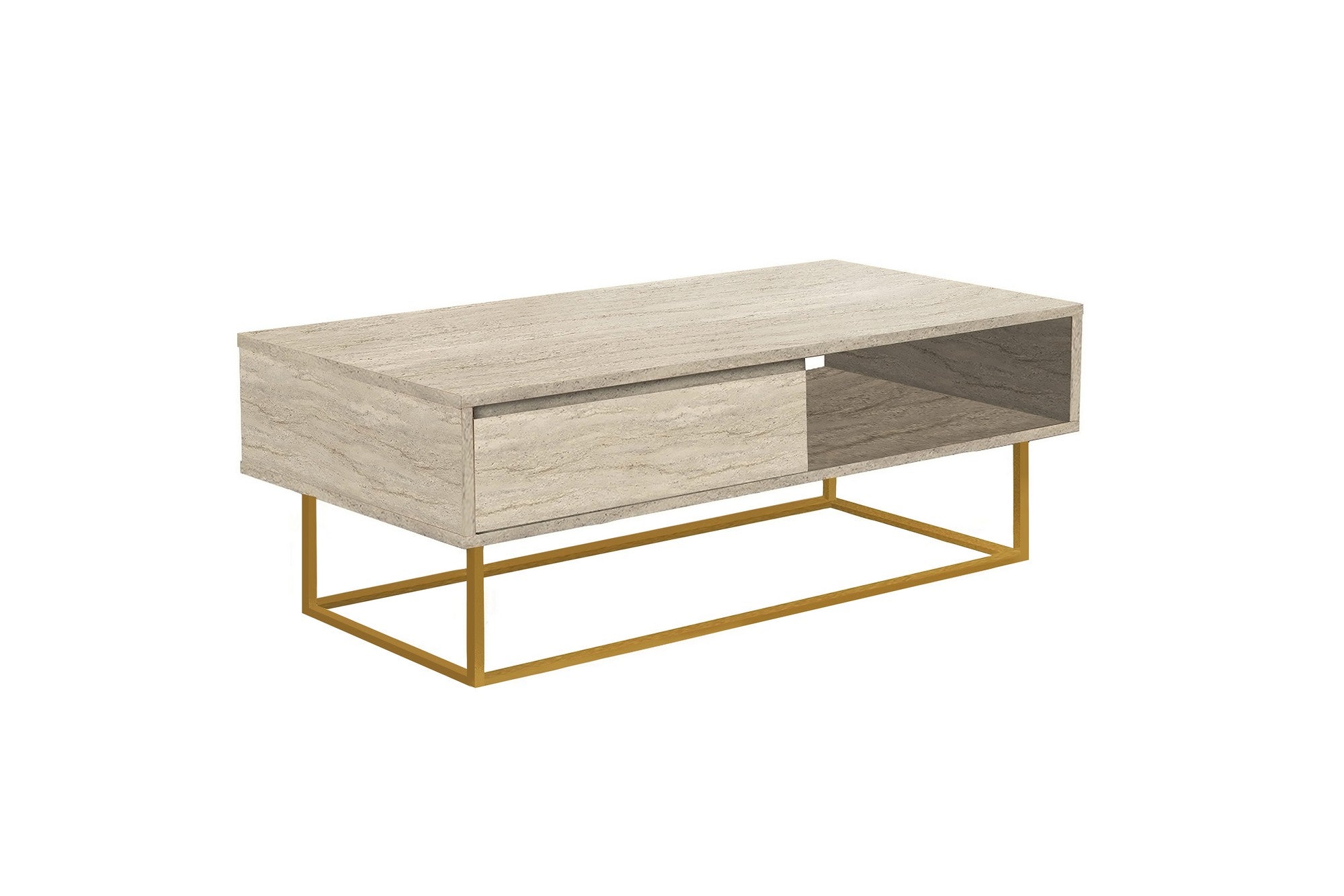 Table basse design 1 tiroir Luxury L120cm Effet travertin Beige et Métal Or