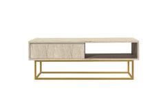 Table basse design 1 tiroir Luxury L120cm Effet travertin Beige et Métal Or