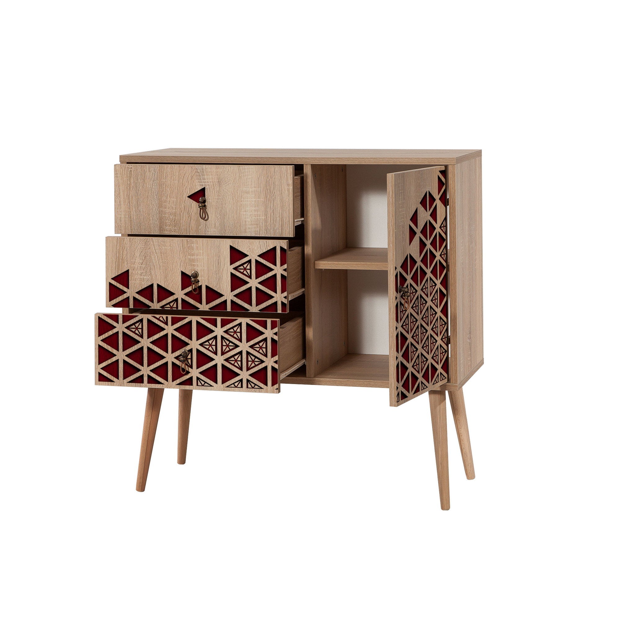 Commode 1 porte et 3 tiroirs Areva 90x90cm Motif Arabesque Bois Naturel et Bordeaux