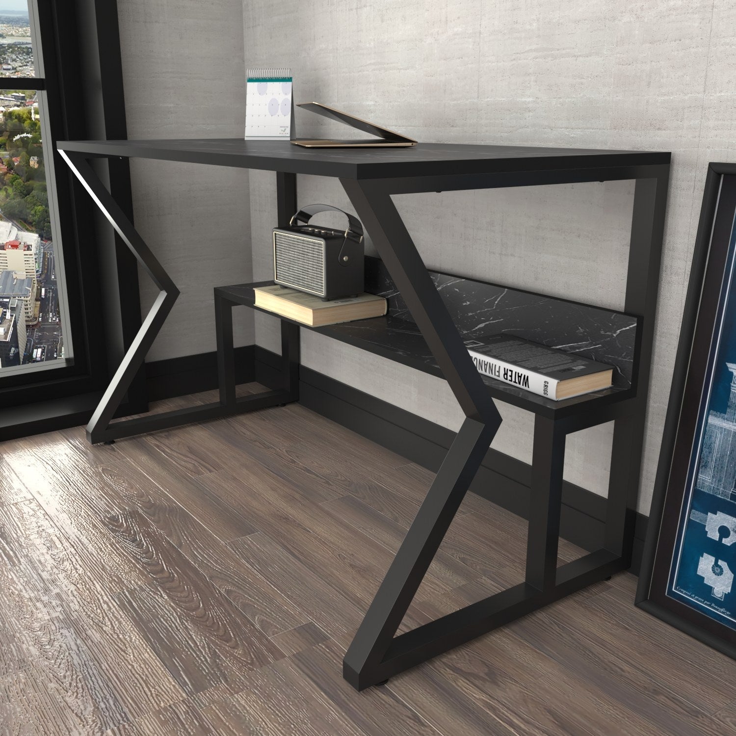 Bureau design Wayky L120cm Effet marbre Noir et Noir