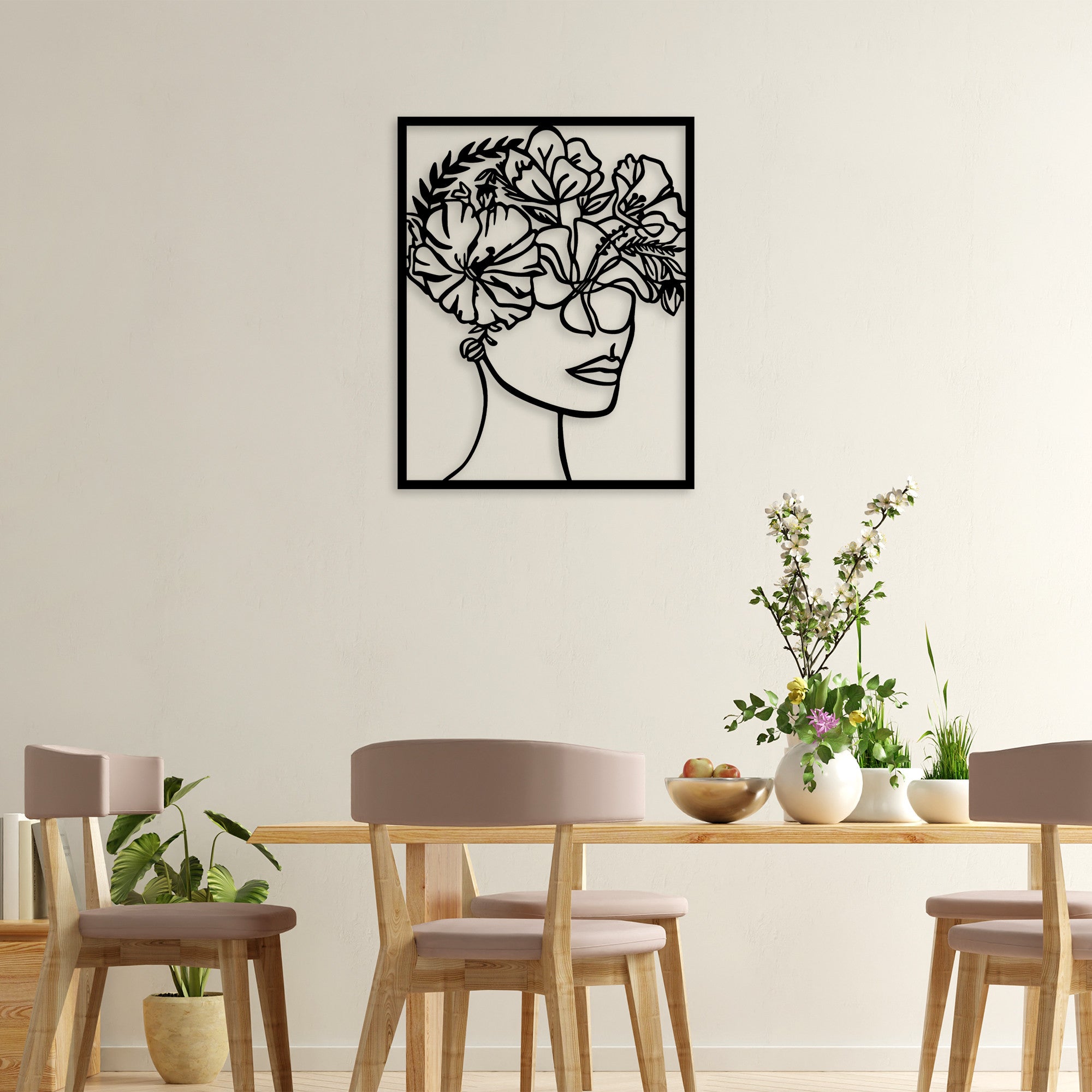 Décoration murale Mora L60x75Hcm Visage de femme avec des fleurs et des feuilles, nature féminine Métal Noir