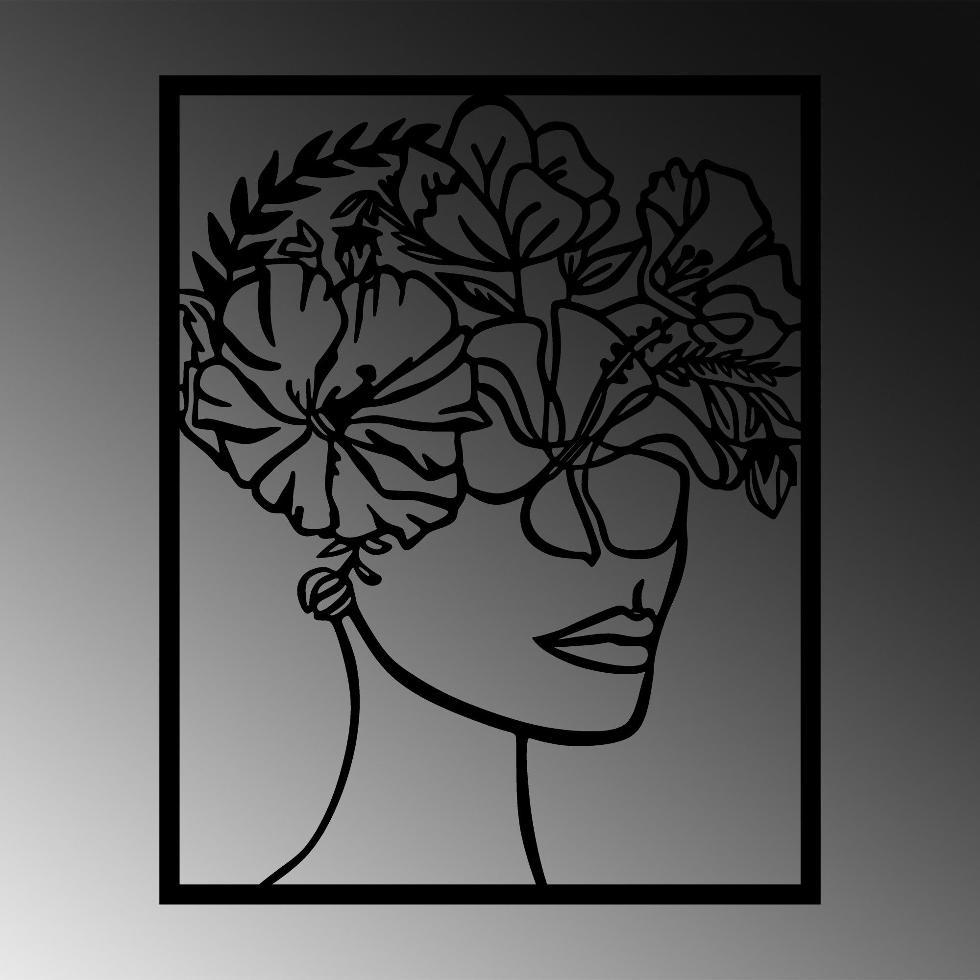 Décoration murale Mora L60x75Hcm Visage de femme avec des fleurs et des feuilles, nature féminine Métal Noir