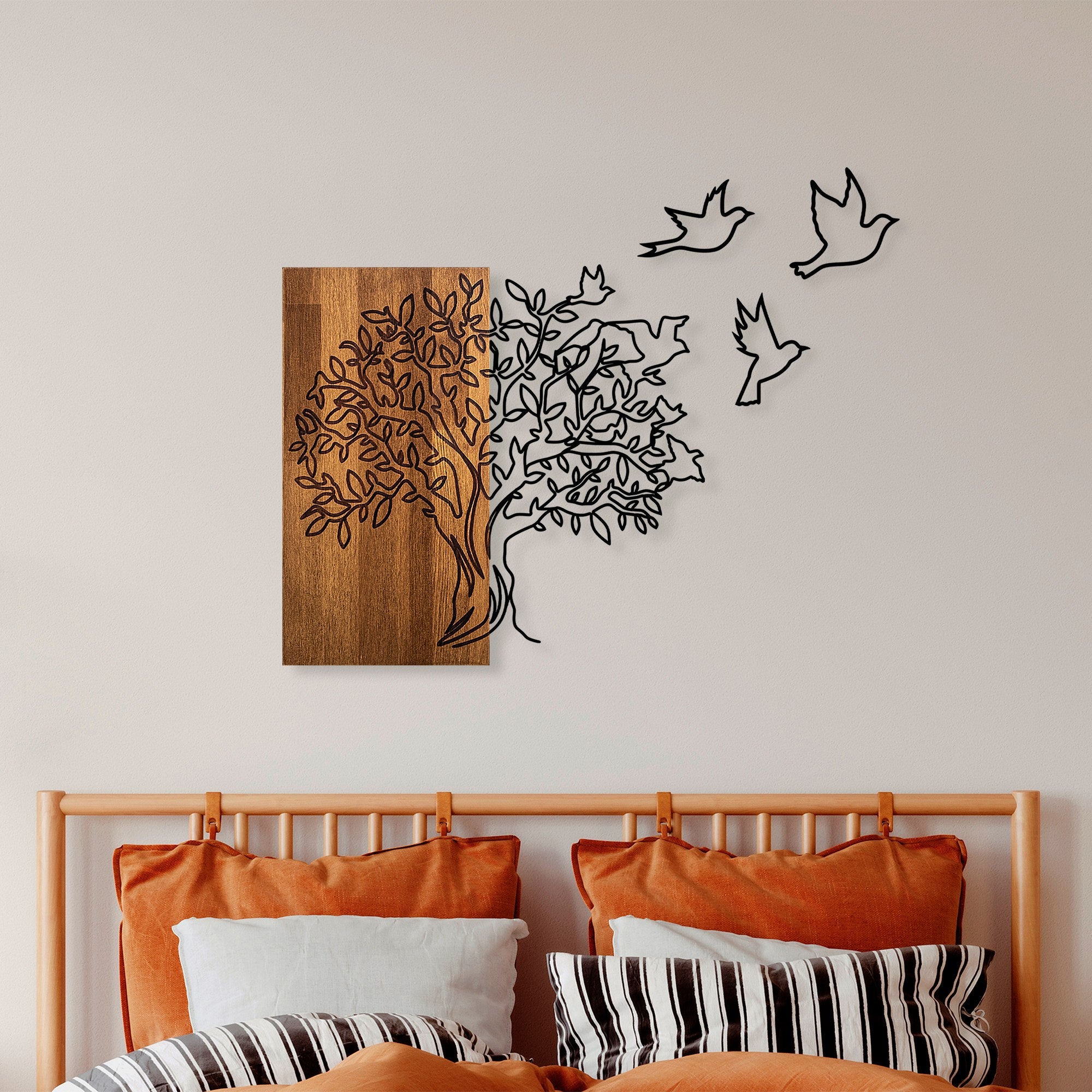 Décoration mural Chiara L61xH58cm Arbre et oiseaux Métal Noir et Bois foncé