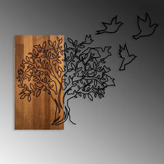 Décoration mural Chiara L61xH58cm Arbre et oiseaux Métal Noir et Bois foncé