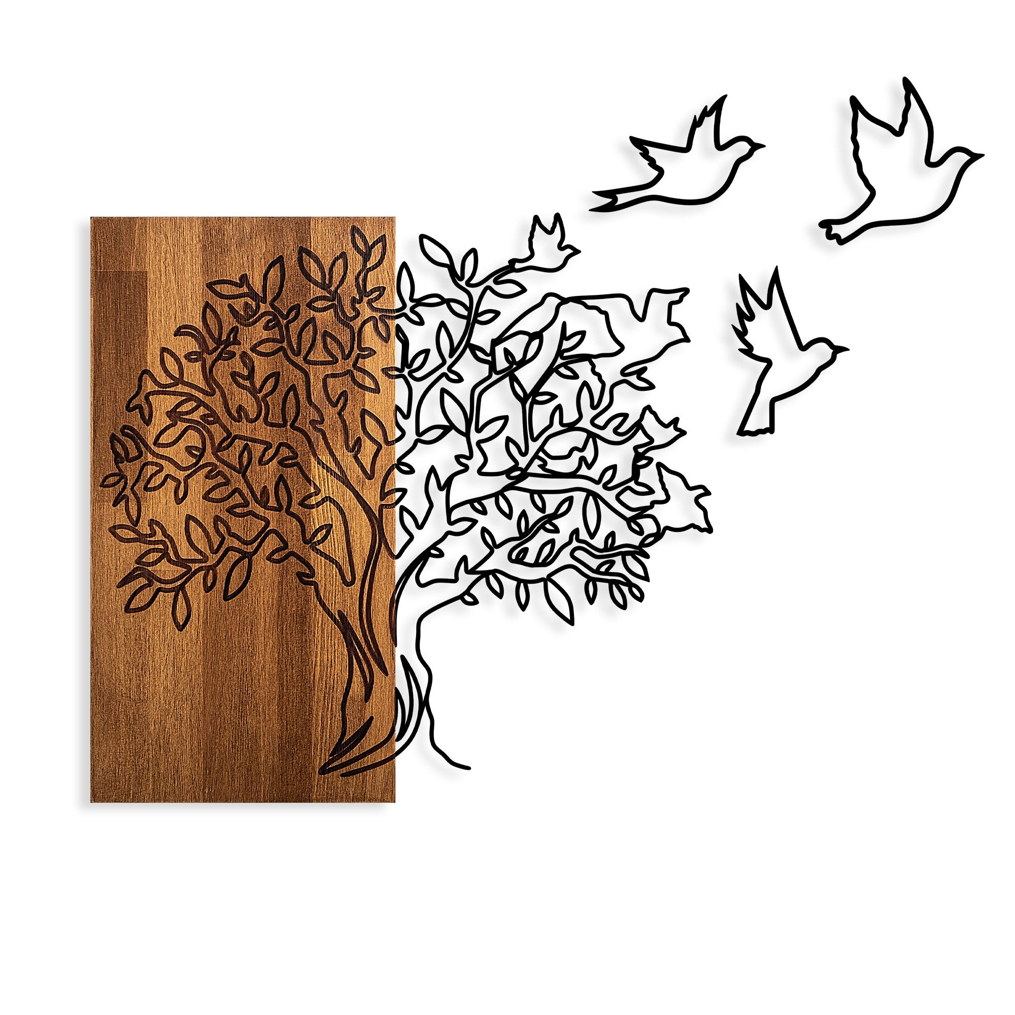 Décoration mural Chiara L61xH58cm Arbre et oiseaux Métal Noir et Bois foncé