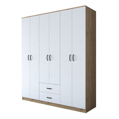 Armoire 6 portes et 2 tiroirs Colibris L180x210cm Bois clair et Blanc