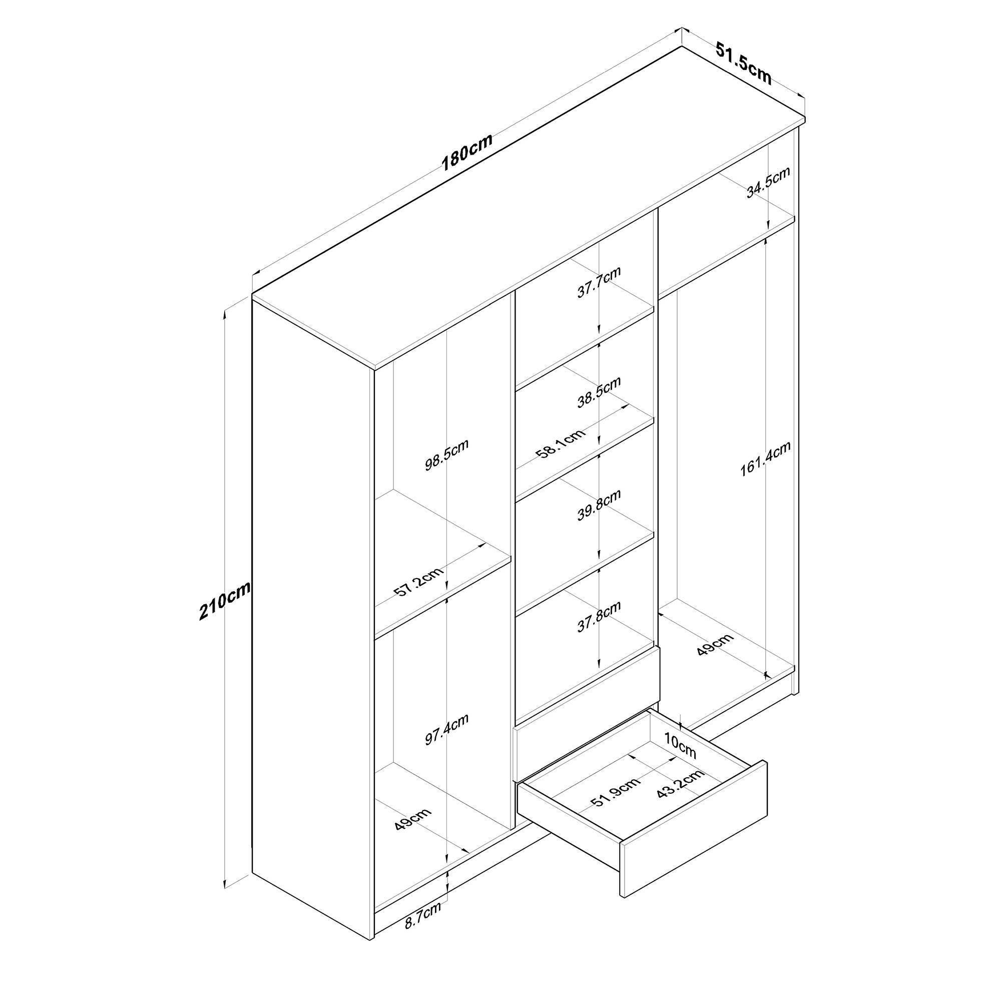 Armoire 6 portes et 2 tiroirs Colibris L180x210cm Bois clair et Blanc