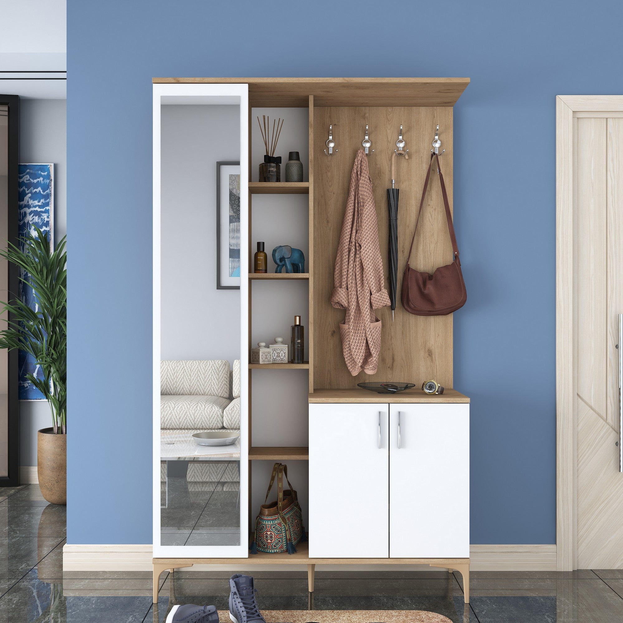 Ensemble armoire de rangement et porte manteau avec miroir Rossy L120cm en bois Chêne clair et Blanc