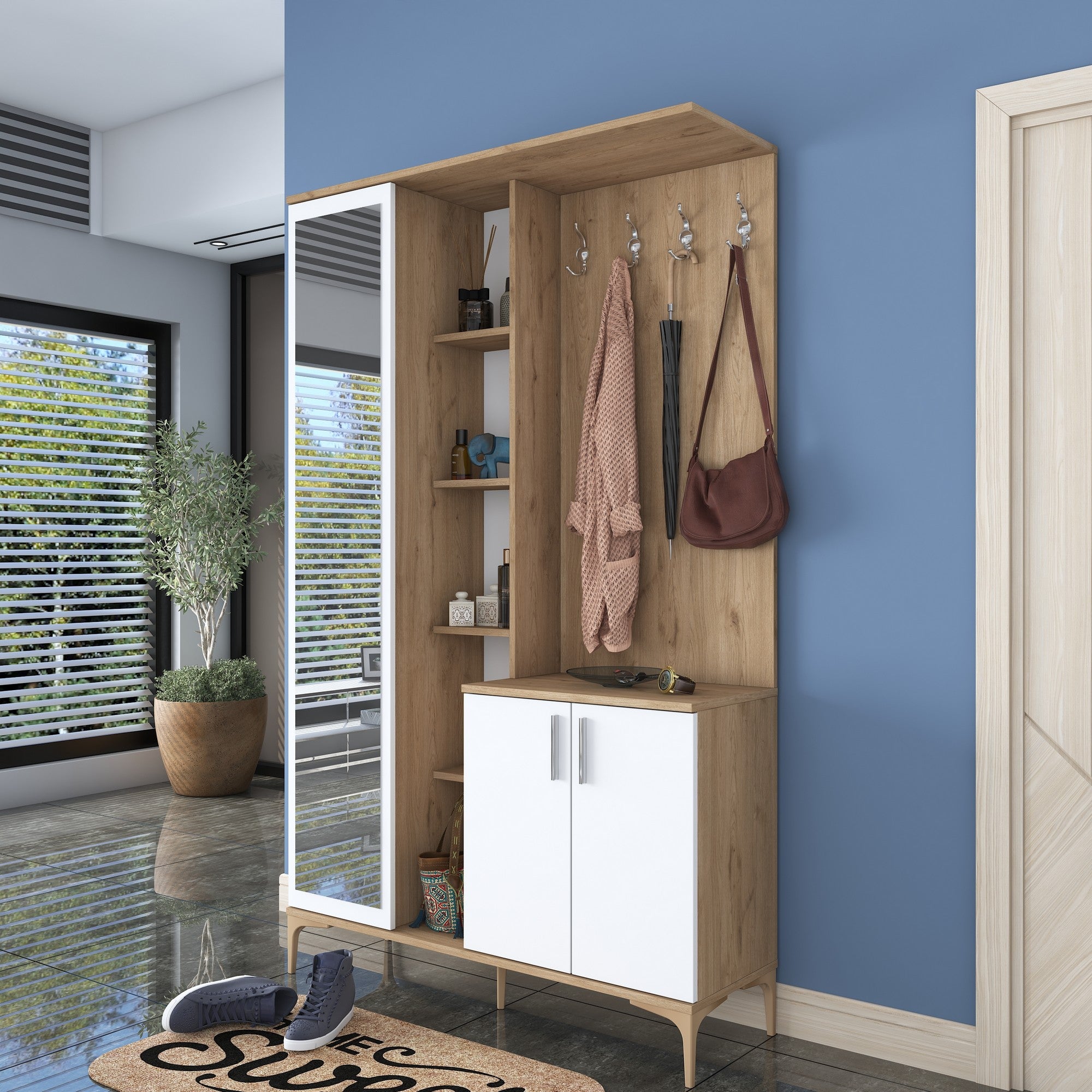 Ensemble armoire de rangement et porte manteau avec miroir Rossy L120cm en bois Chêne clair et Blanc