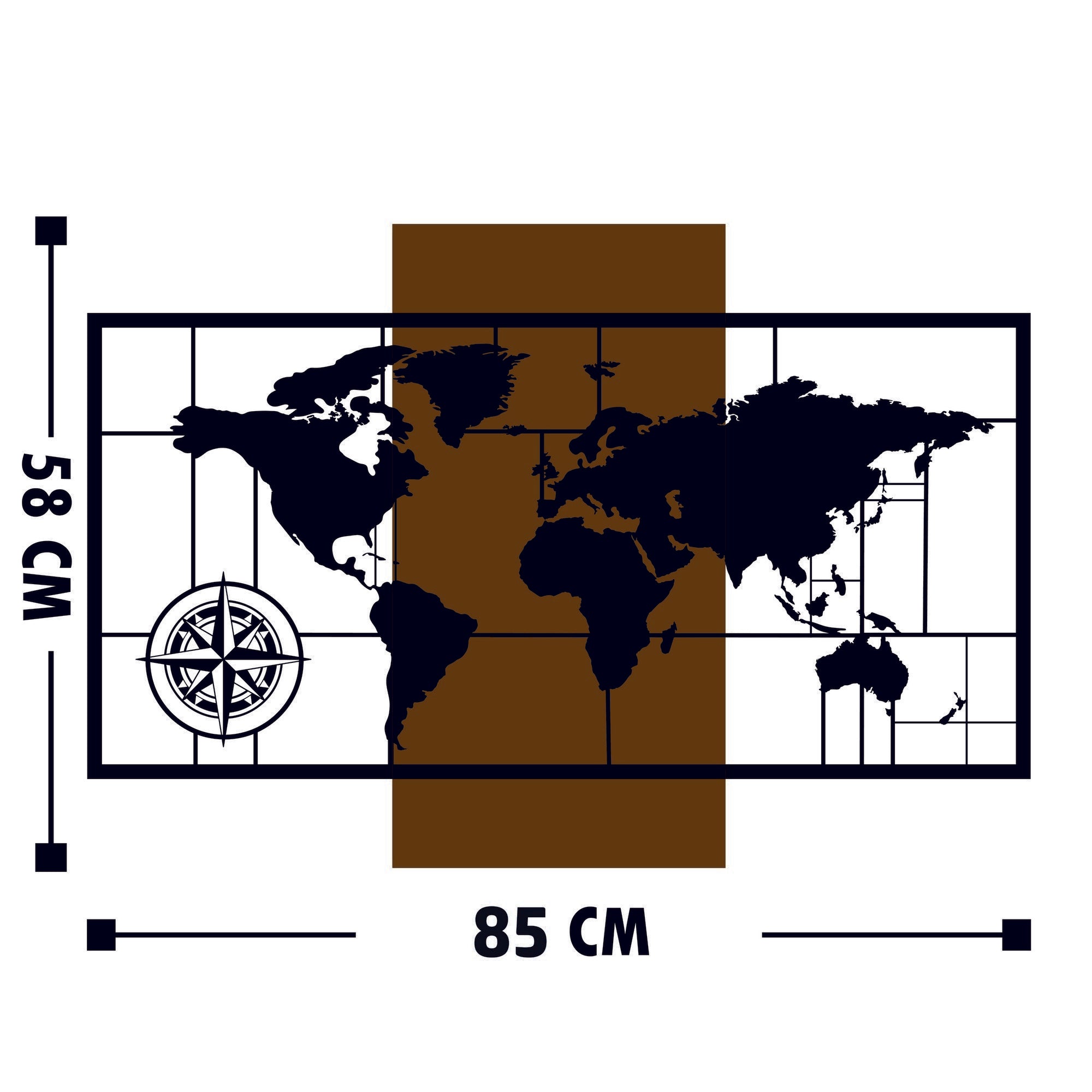 Décoration murale mappemonde points cardinaux Chyralas L85xH58cm Métal Noir et Bois massif foncé