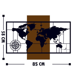 Décoration murale mappemonde points cardinaux Chyralas L85xH58cm Métal Noir et Bois massif foncé