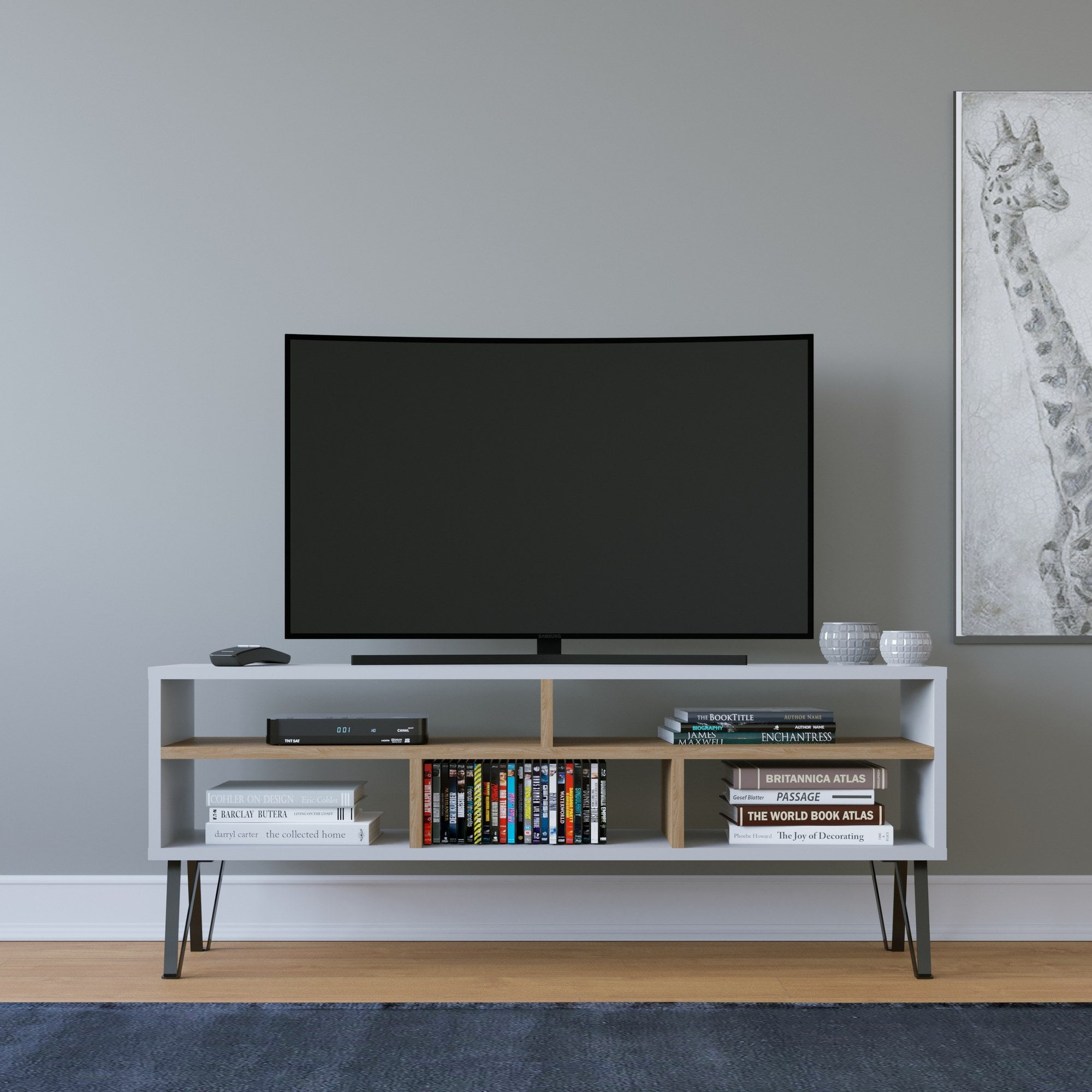 Meuble Tv Voide L120cm Blanc et Chêne clair