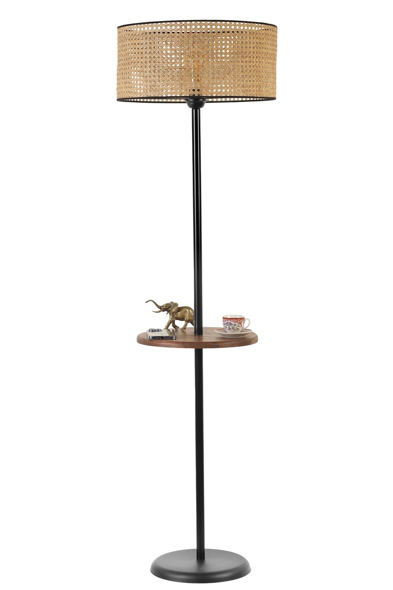 Lampadaire design avec table d'appoint integrée Genzo H160cm Cannage Beige, Bois massif foncé et Métal Noir