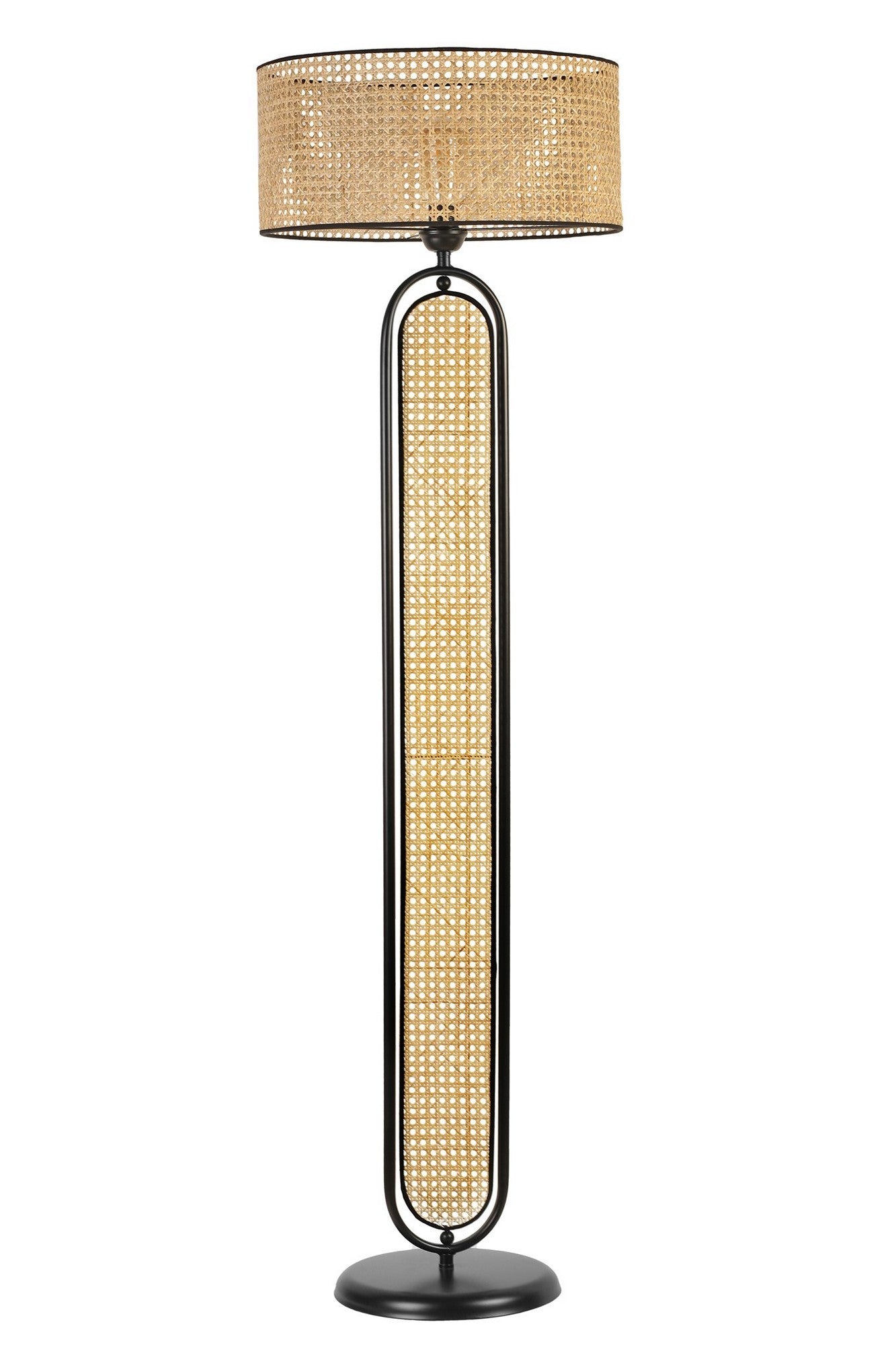 Lampadaire avec cannage style vintage H162cm Abat-jour et Pied Rotin Beige et Métal Noir