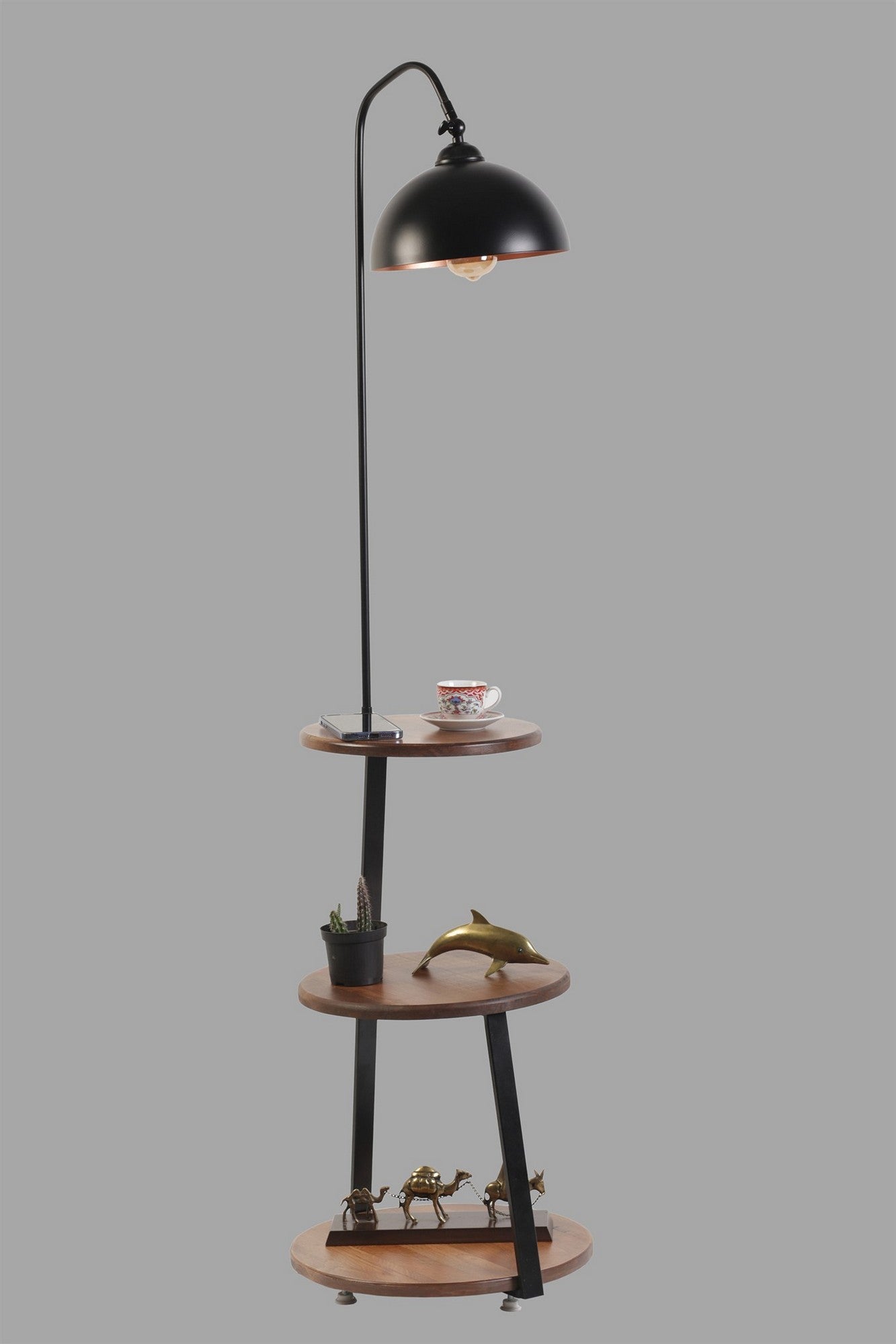 Lampadaire avec table d'appoint intégrée à 3 plateaux Neres H160cm Bois massif foncé et Métal Noir