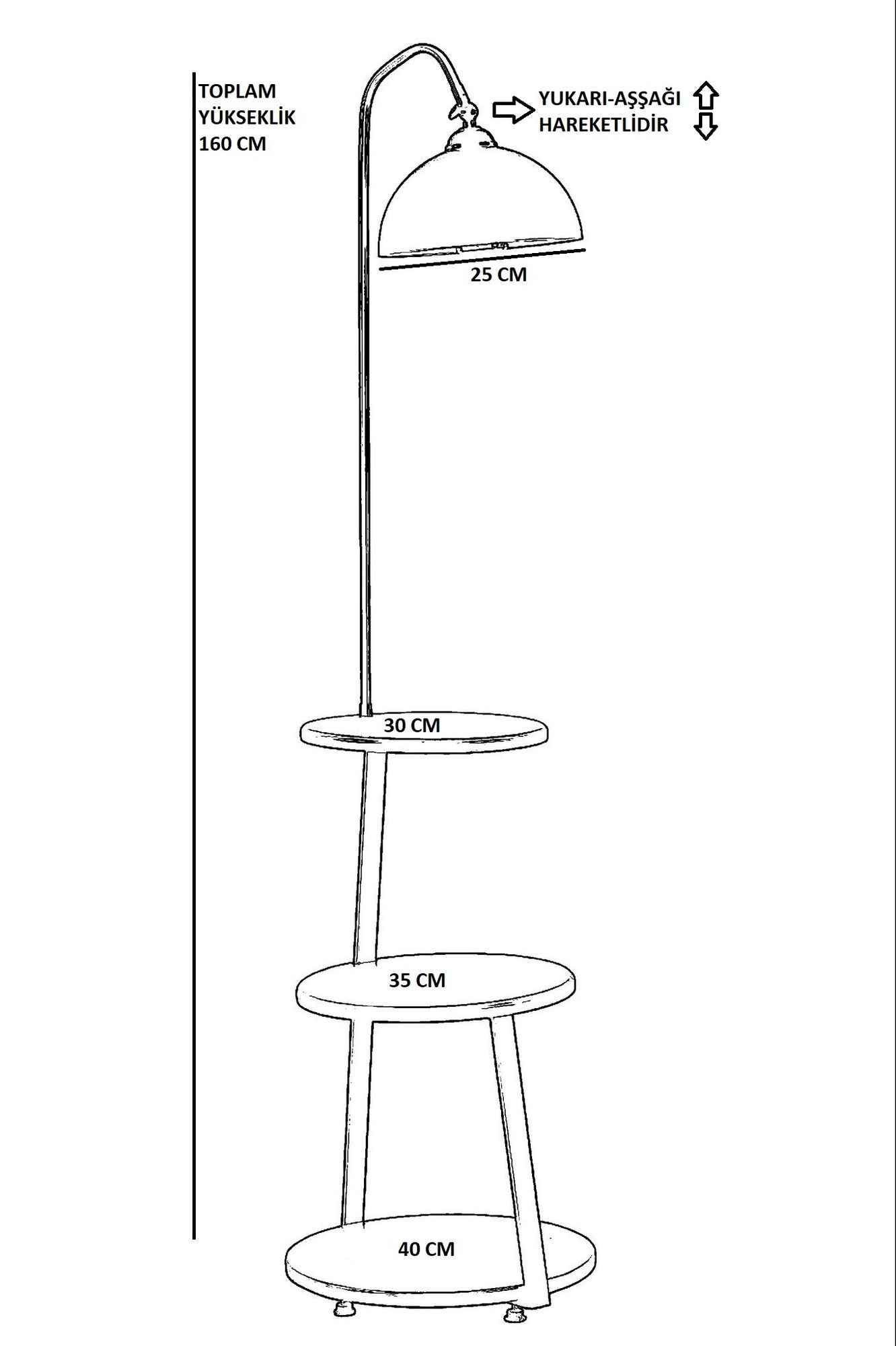 Lampadaire avec table d'appoint intégrée à 3 plateaux Neres H160cm Bois massif foncé et Métal Noir