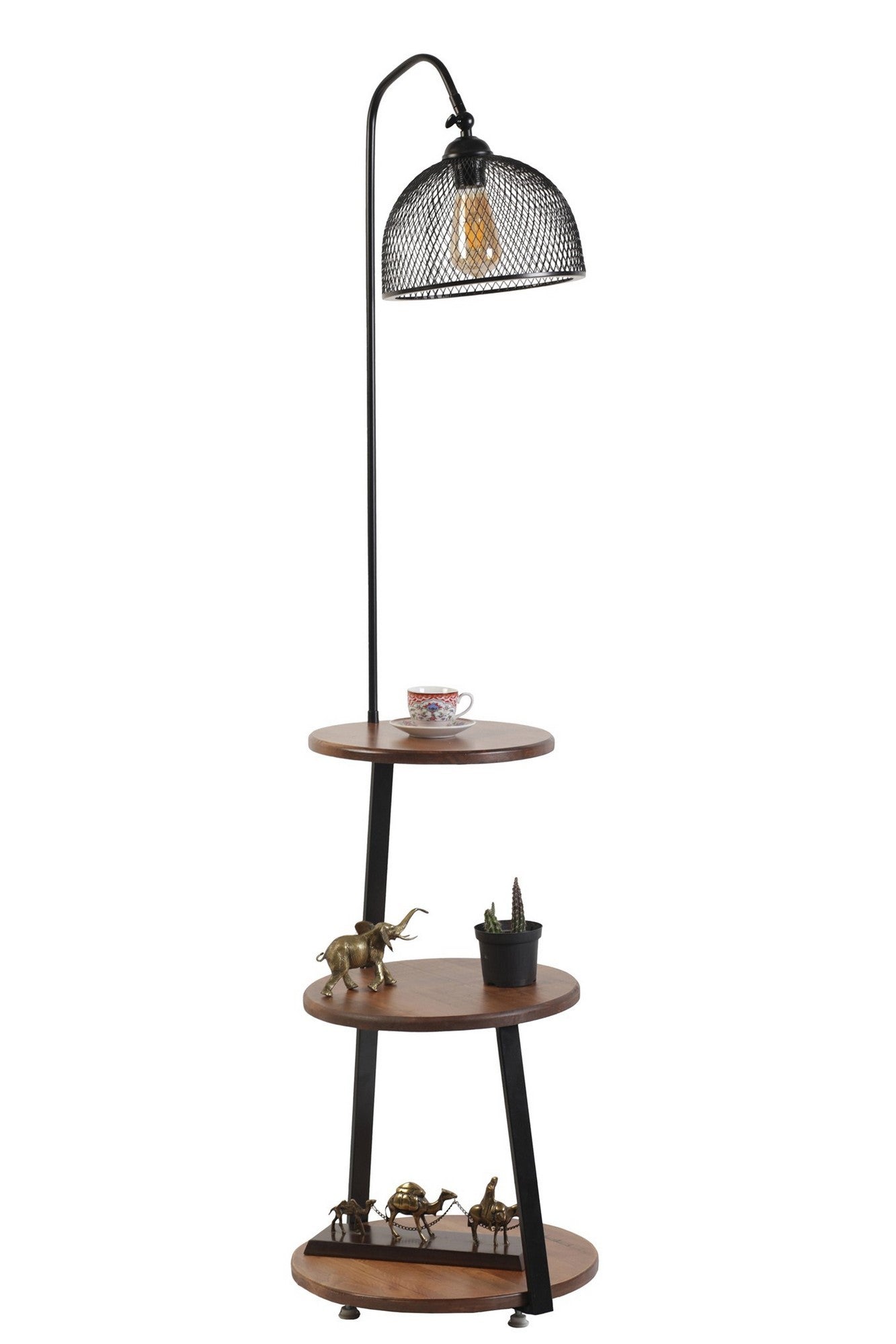 Lampadaire filaire avec table d'appoint intégrée à 3 plateaux Neres H160cm Bois massif foncé et Métal Noir