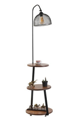 Lampadaire filaire avec table d'appoint intégrée à 3 plateaux Neres H160cm Bois massif foncé et Métal Noir