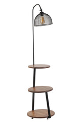 Lampadaire filaire avec table d'appoint intégrée à 3 plateaux Neres H160cm Bois massif foncé et Métal Noir