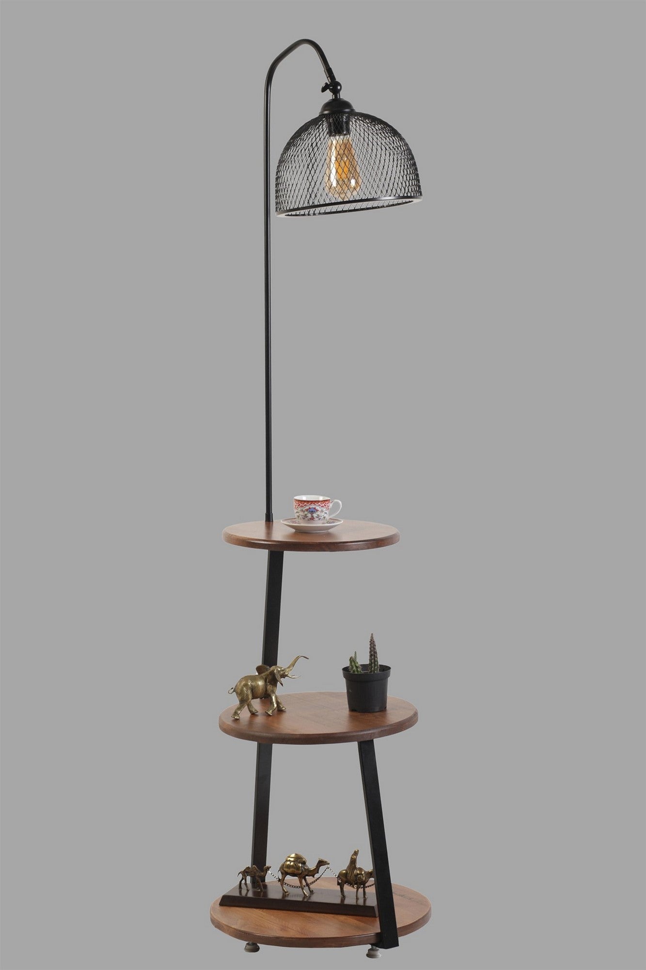 Lampadaire filaire avec table d'appoint intégrée à 3 plateaux Neres H160cm Bois massif foncé et Métal Noir