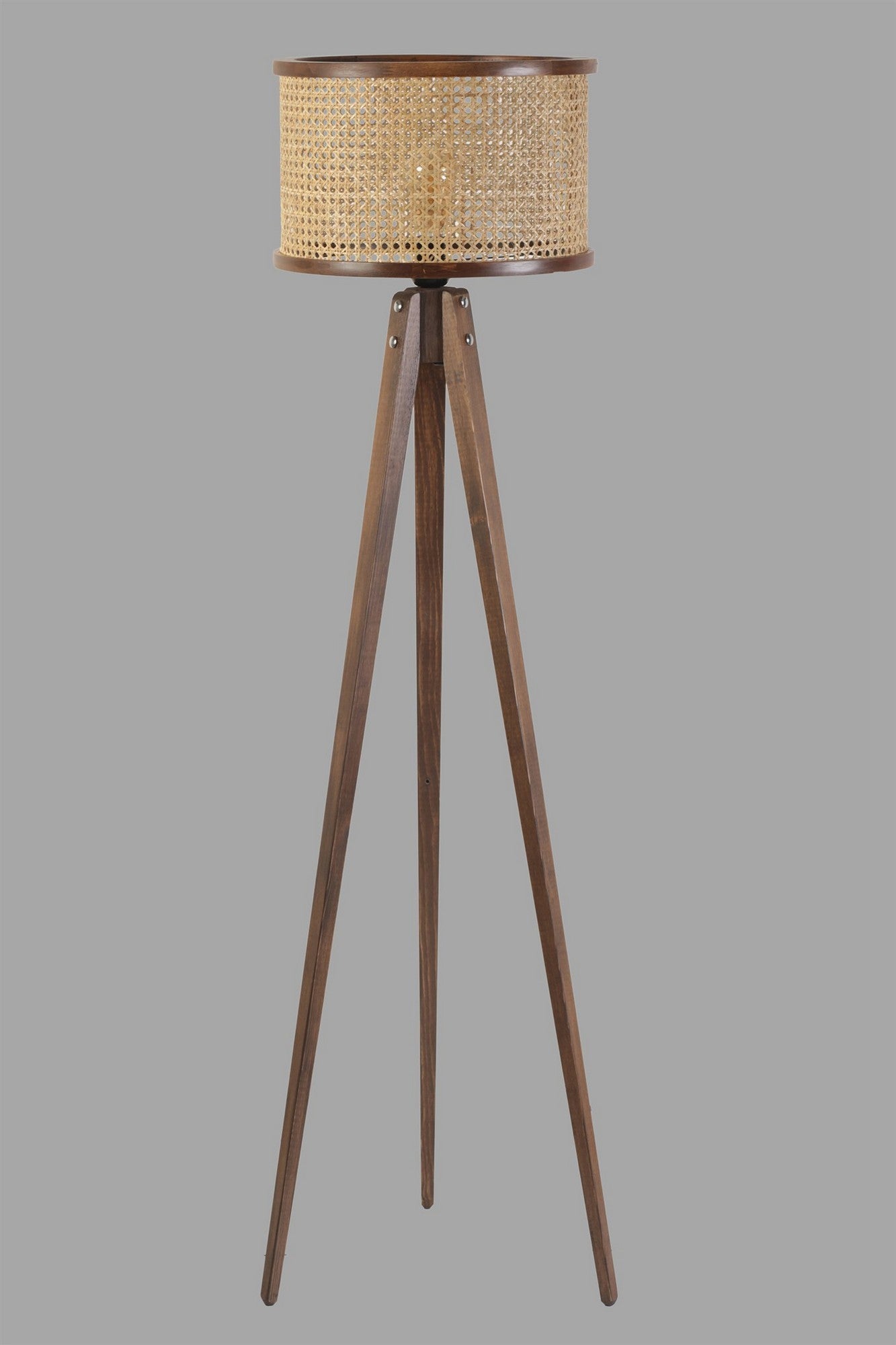 Lampadaire trépied Gykati H155cm Abat jour à cannage Rotin Beige et support Bois foncé