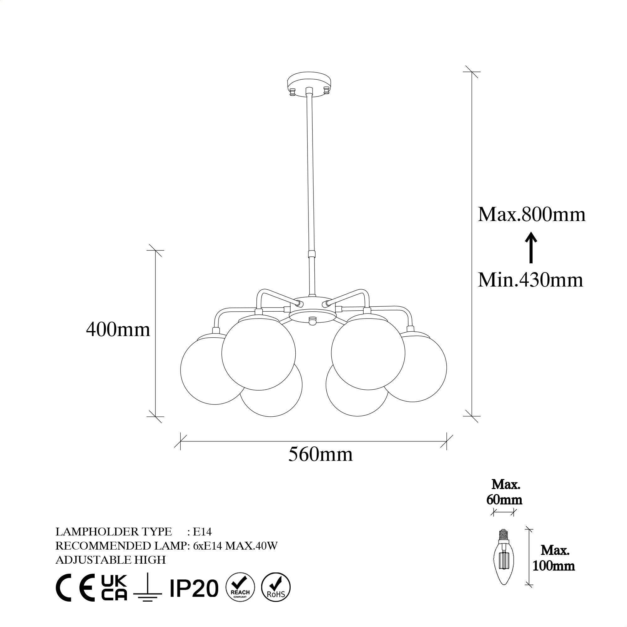 Suspension 6 lampes Cicogna D56cm Verre Transparent et Métal Or antique