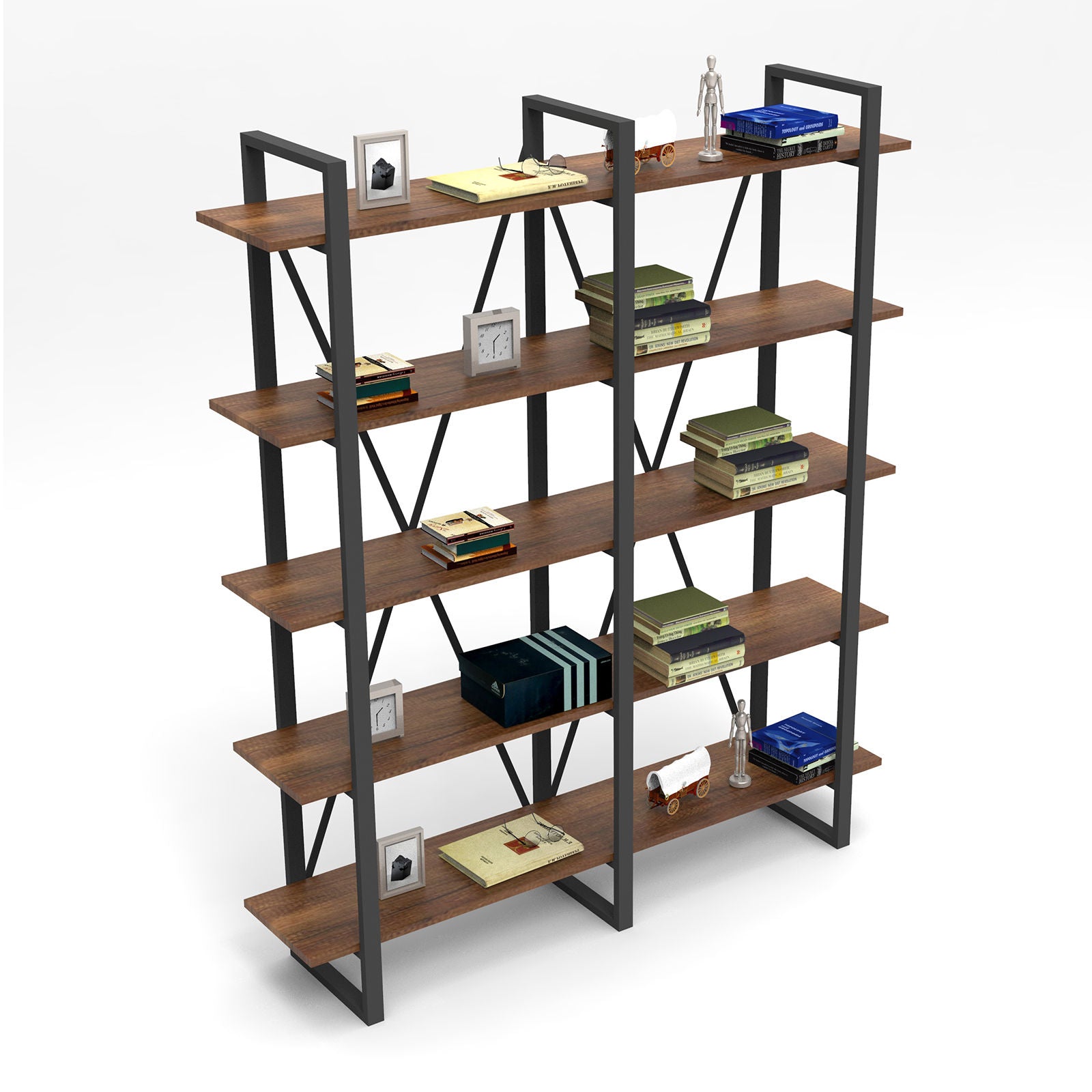 Étagère bibliothèque style industriel Ulid L155cm Bois foncé et Métal Noir