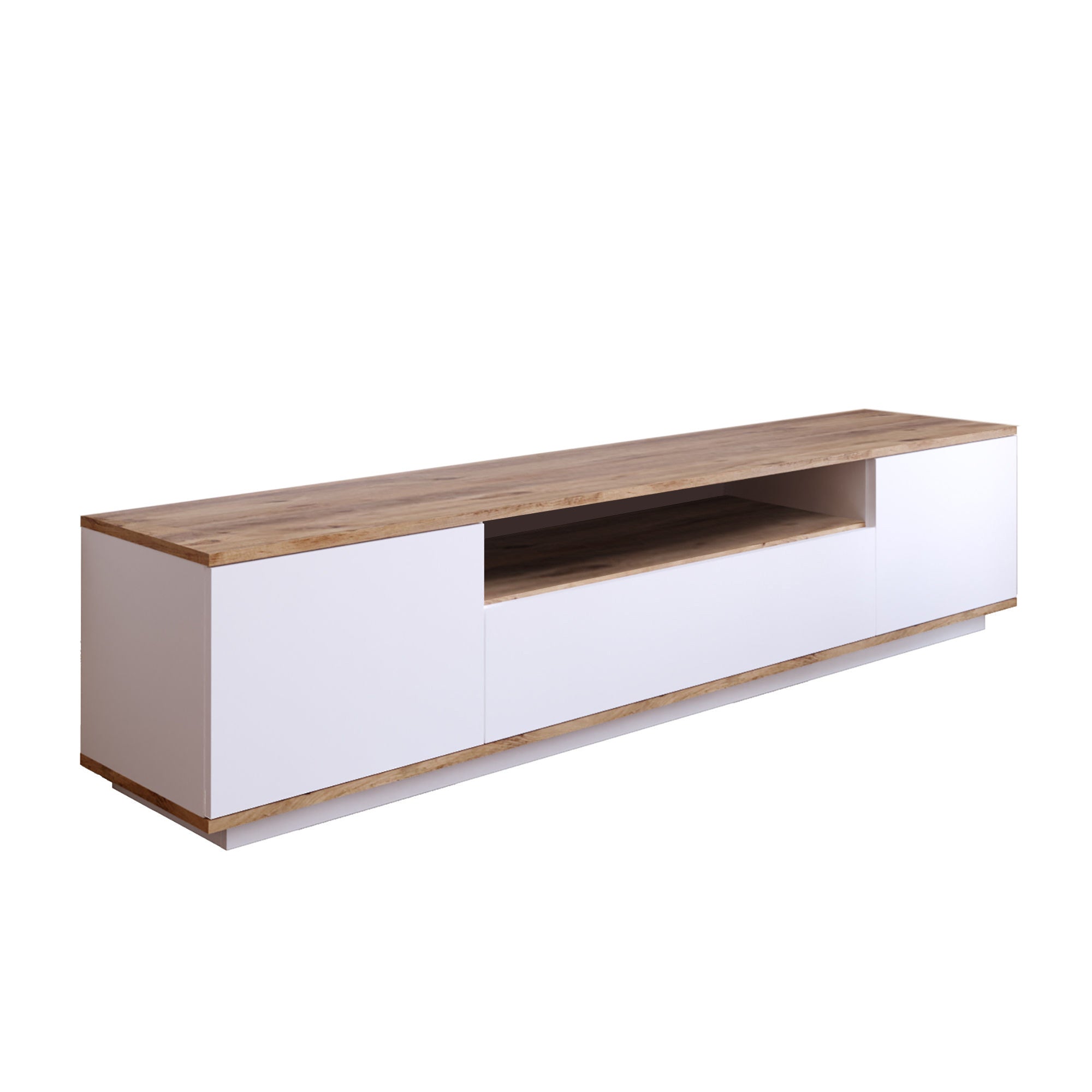 Meuble TV 3 portes basculantes L180cm Dani Bois Naturel et Blanc