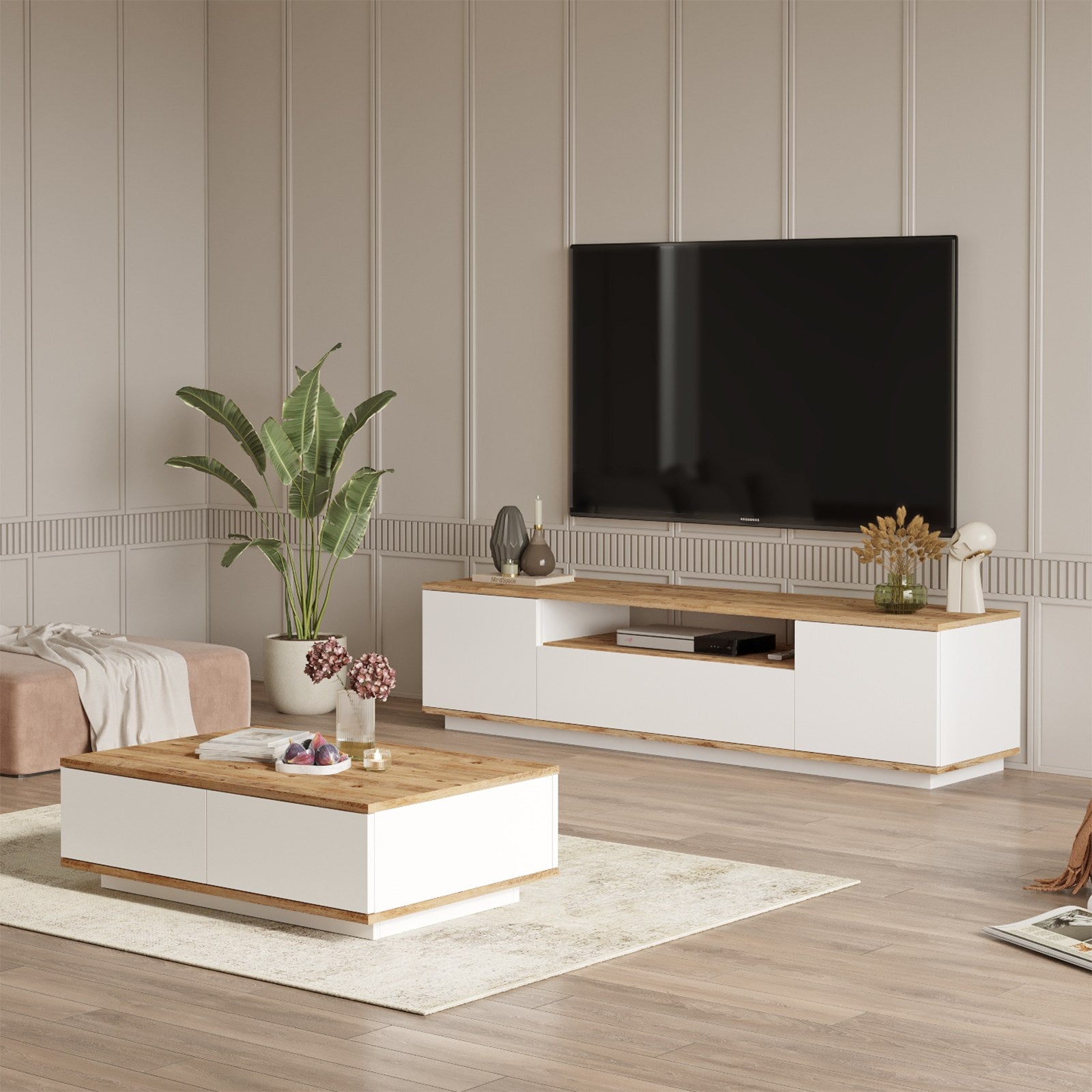 Ensemble meuble tv et table basse Unes Bois clair et Blanc