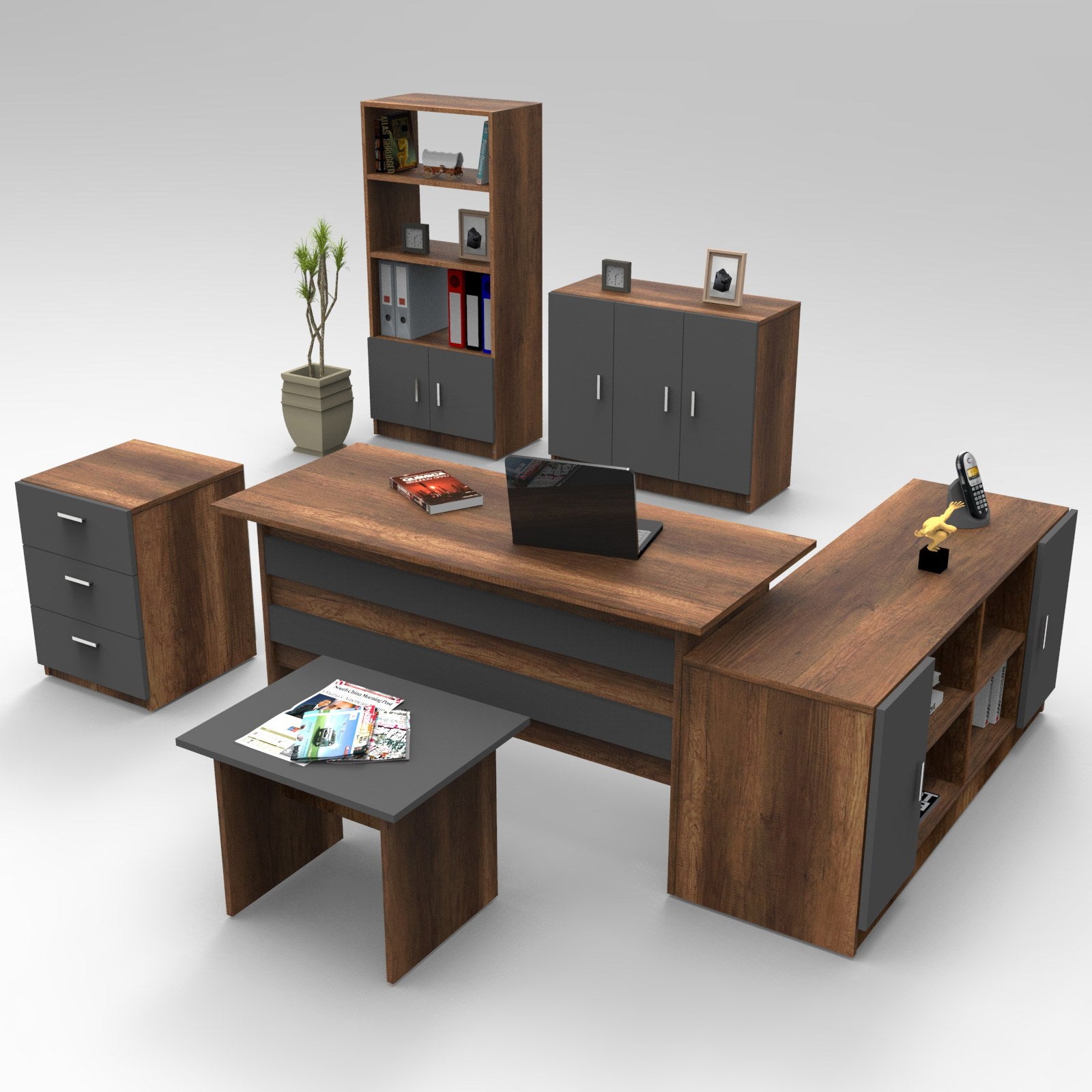 Ensemble de bureau 6 pièces Busymo Bois foncé et Anthracite