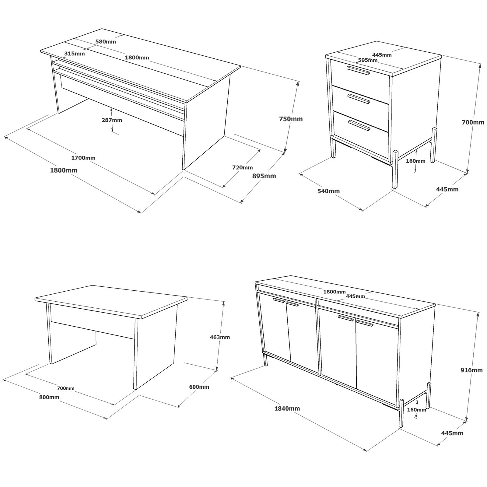 Ensemble de bureau 4 pièces Harvey Bois foncé et Effet béton Gris