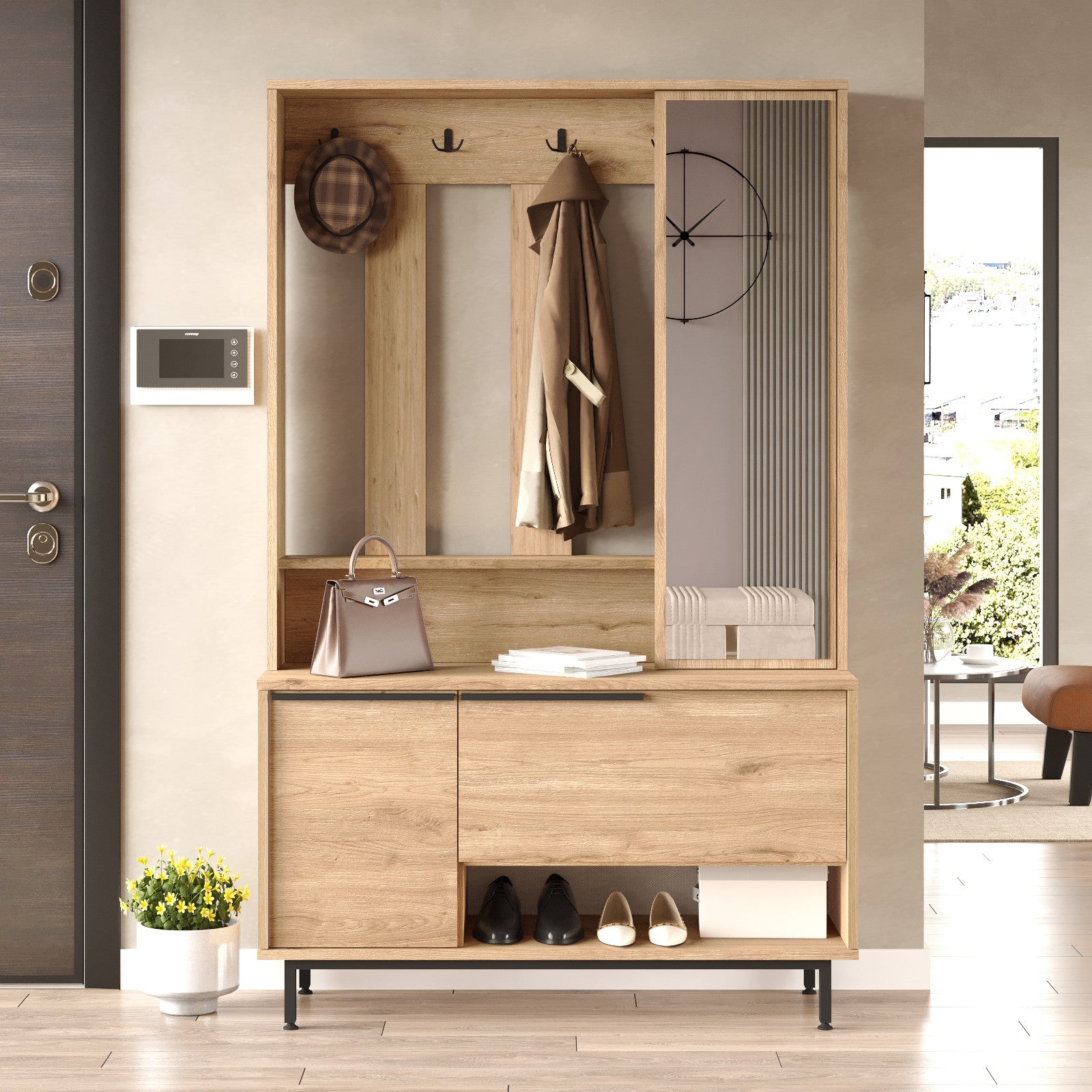 Meuble d'entrée avec miroir Evelis L112cm Bois clair