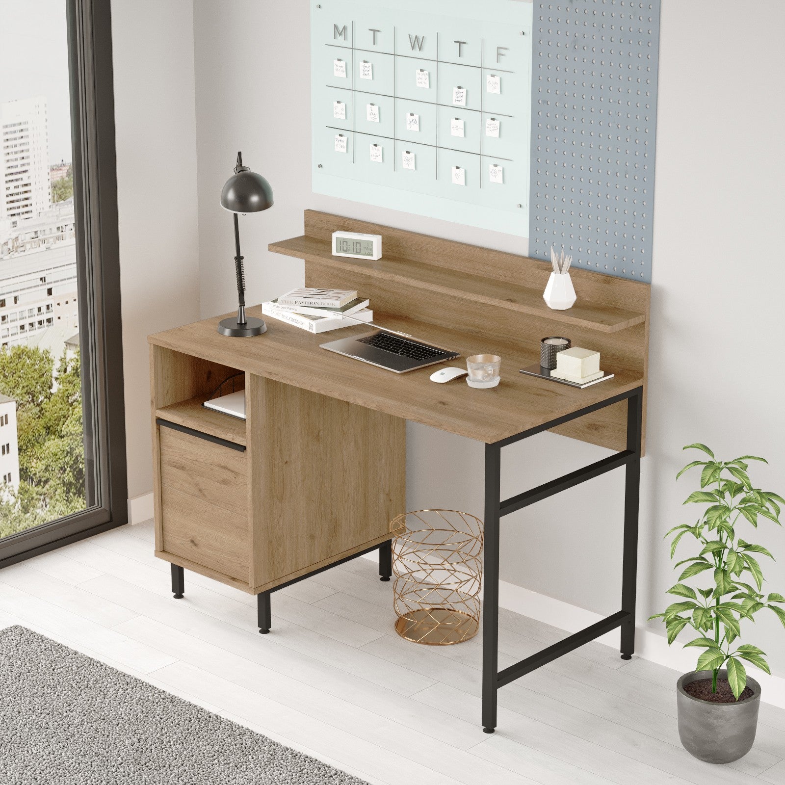 Bureau avec rangement et étagère Evelis L120cm Bois clair